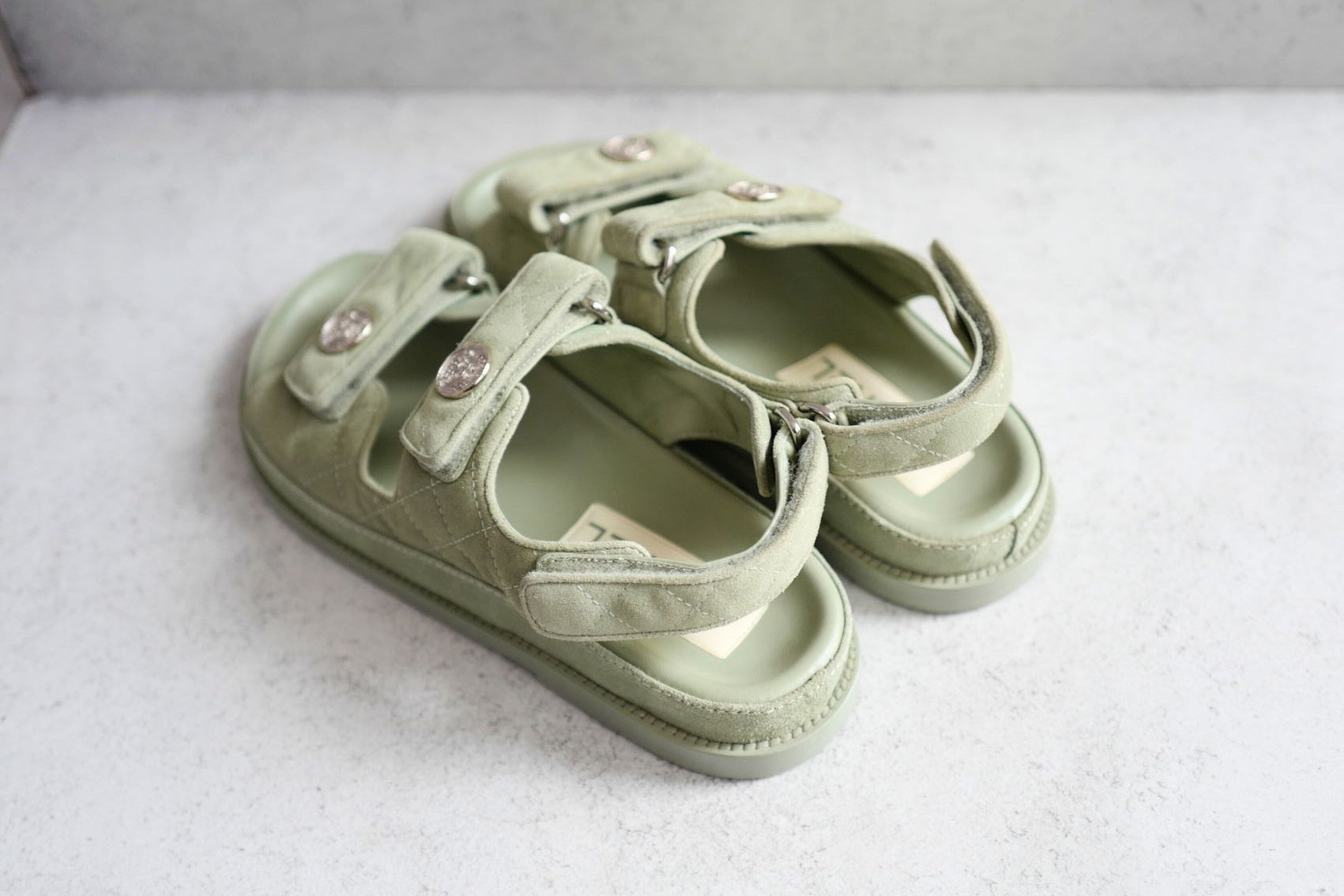 Chanel DAD SANDALS Green SUEDE LEATHER SANDAL Size 37 BNIB