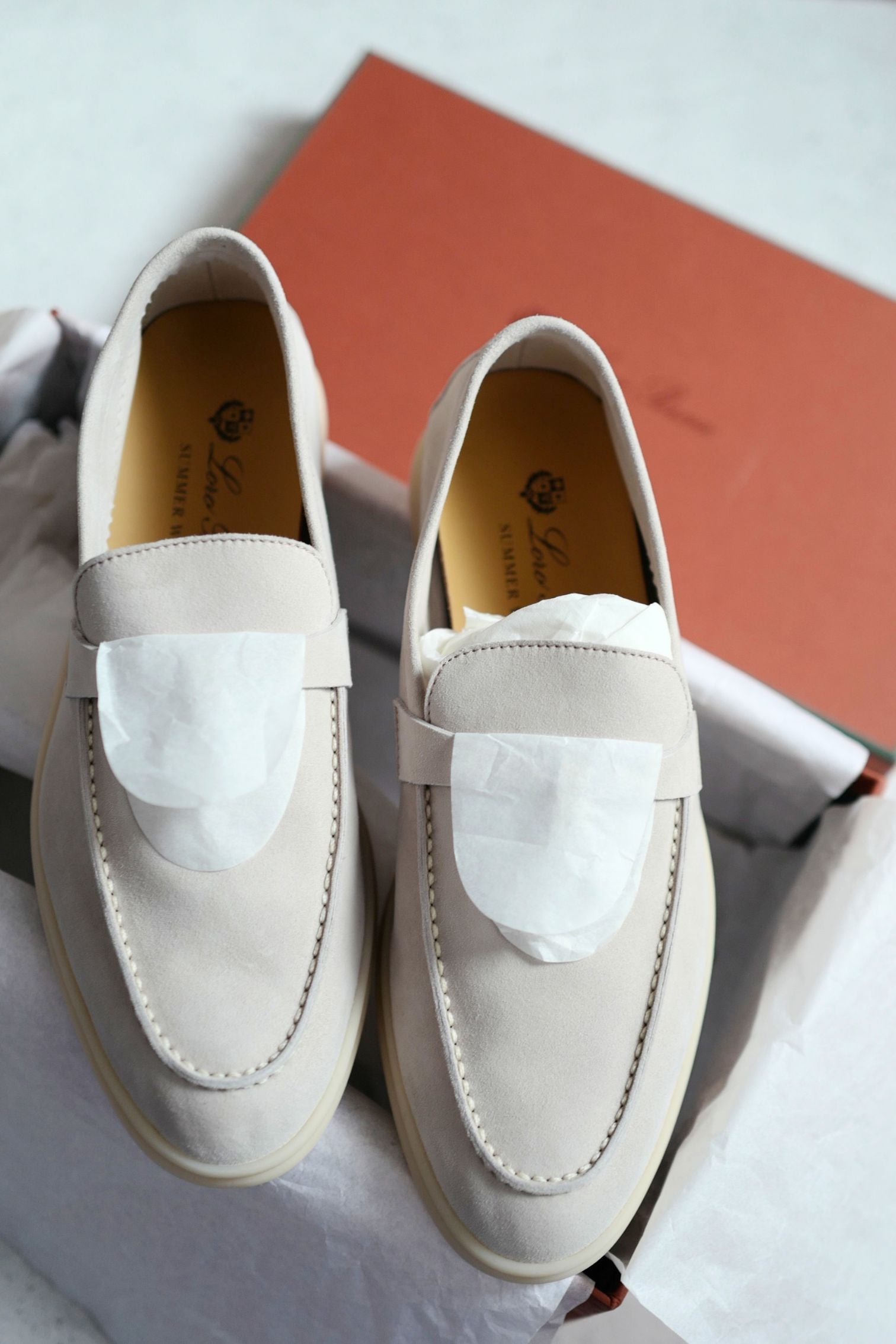 Loro Piana Summer Charm Walk Loafer Pearl Powder Suede Calfskin Size 37.5