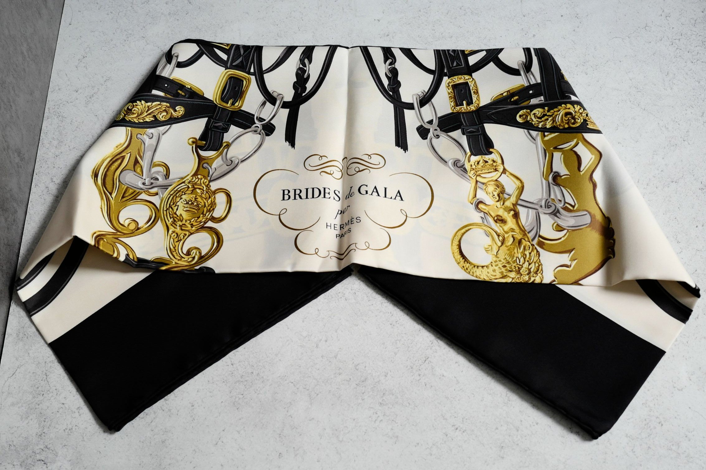Hermès Scarf Brides de Gala Forever Noir / Crème / Gold 100% Silk 90