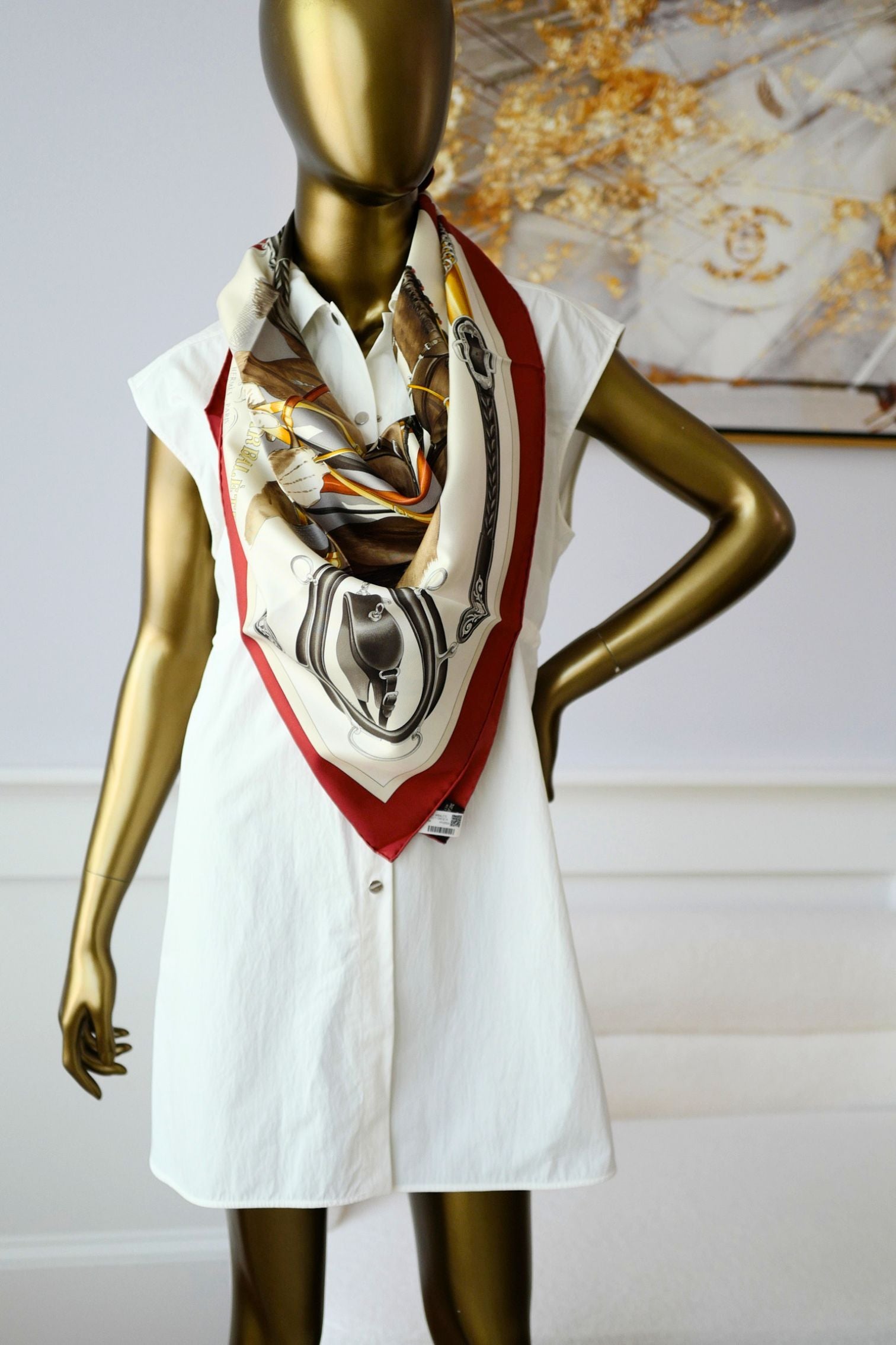 Hermès Scarf Attelage en Arbalete Forever Rouge Cuit/Grège/Alezan 100% Silk 90