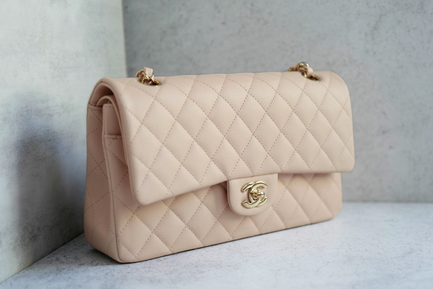 BNIB Chanel Medium Classic Double Flap Bag Beige Clair Grained Gold Hardware