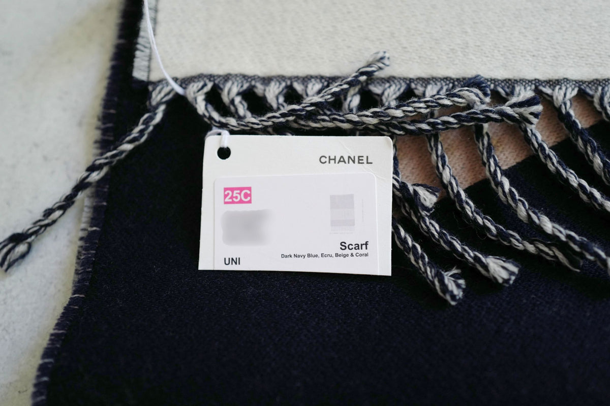 NEW Chanel 25C Wool Shawl Scarf CC Logo Dark Navy Ecru
