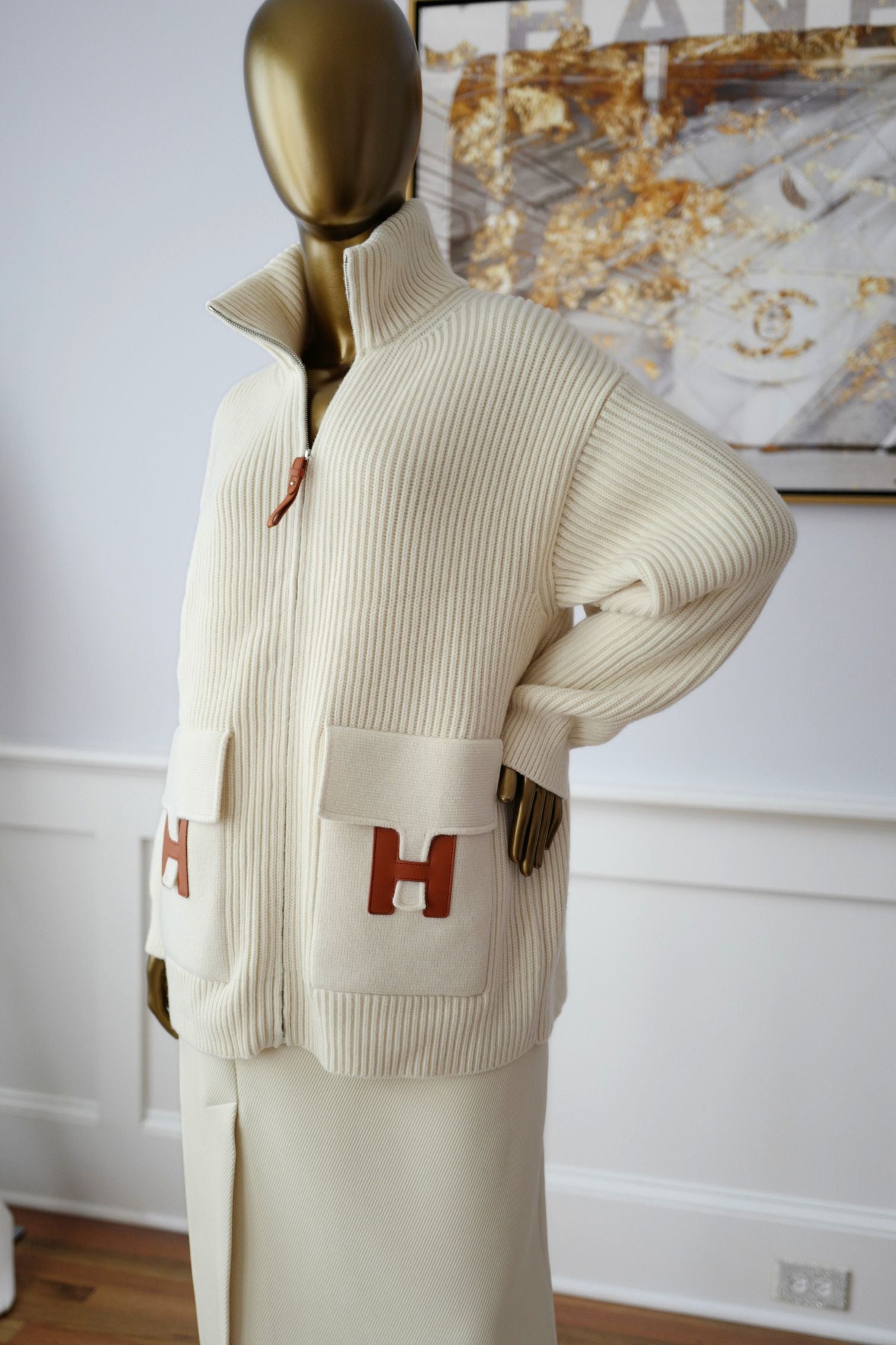Hermès Blouson Cardigan Blanc Naturel Wool Knit Size 34