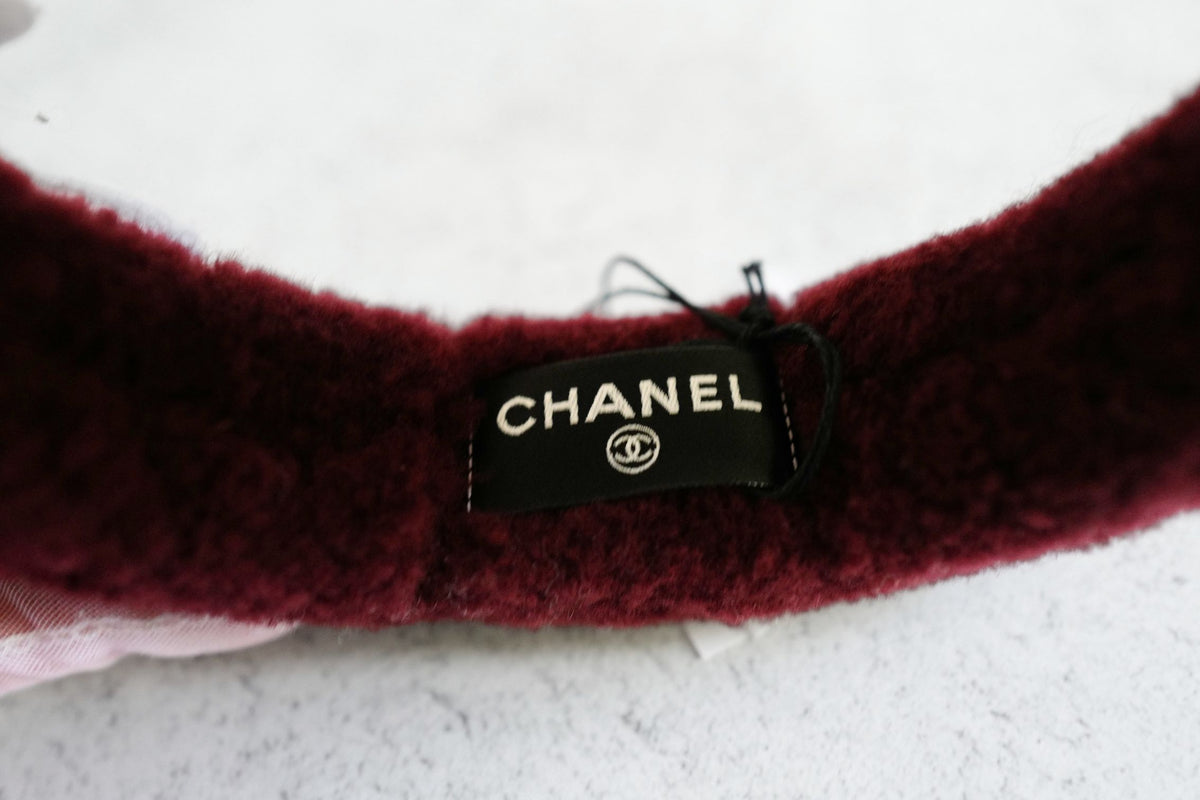 NEW Chanel 26N Coco Neige Earmuffs CC Logo Lamb Shearling in Beige and Burgundy