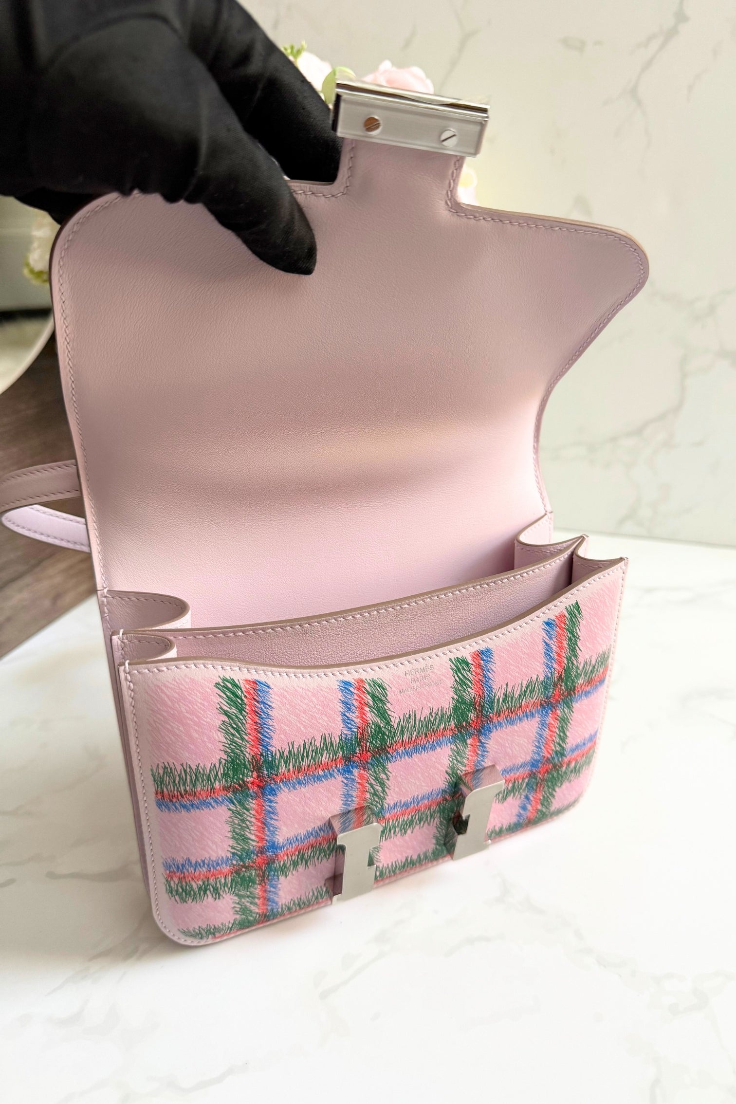 BNIB Hermès Constance 18 Mirror Tartan Pink Leather Shoulder Bag Palladium Hardware