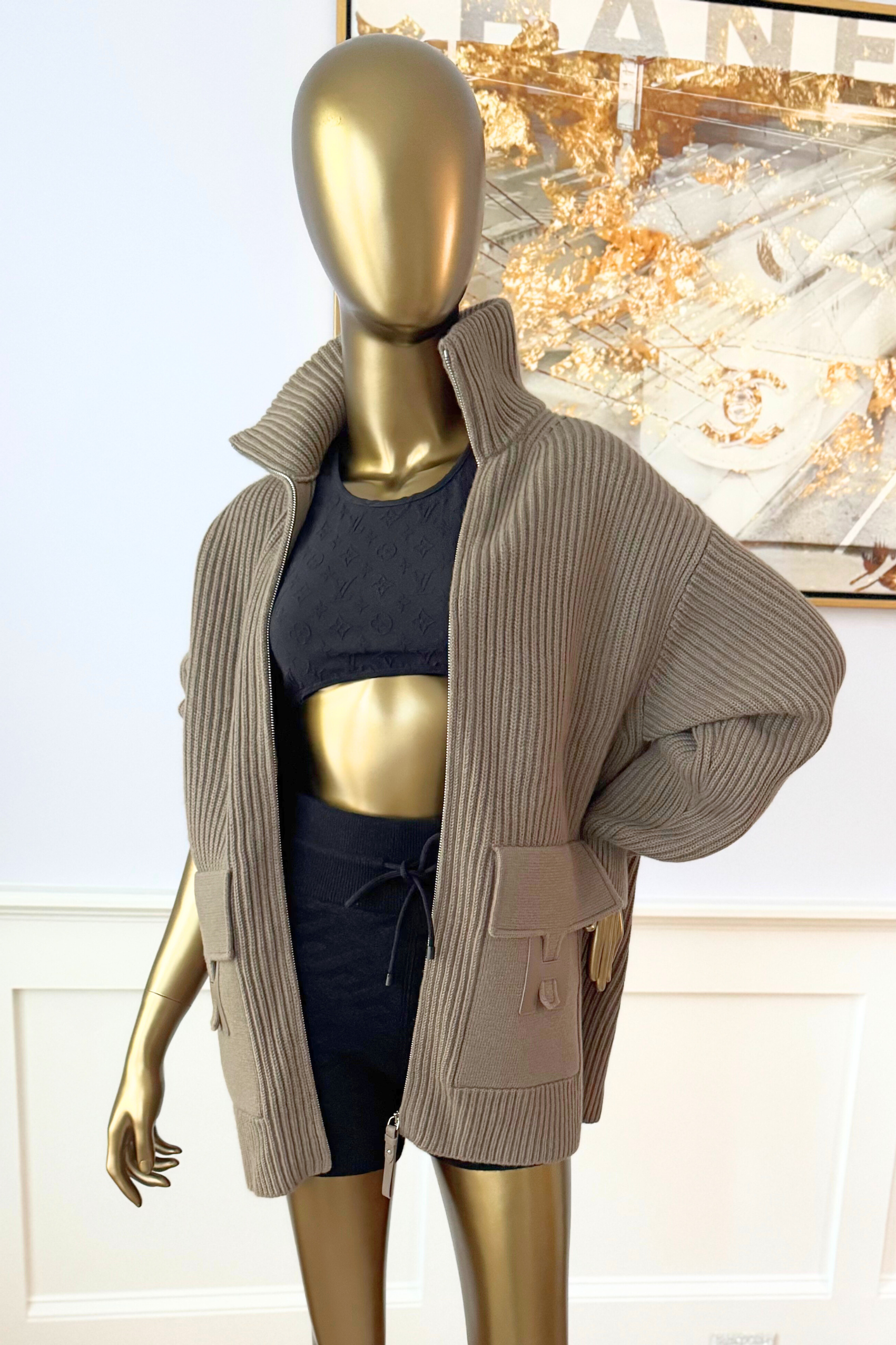 NEW Hermès Blouson Cardigan H Pockets Etoupe Size 34 Wool Jacket