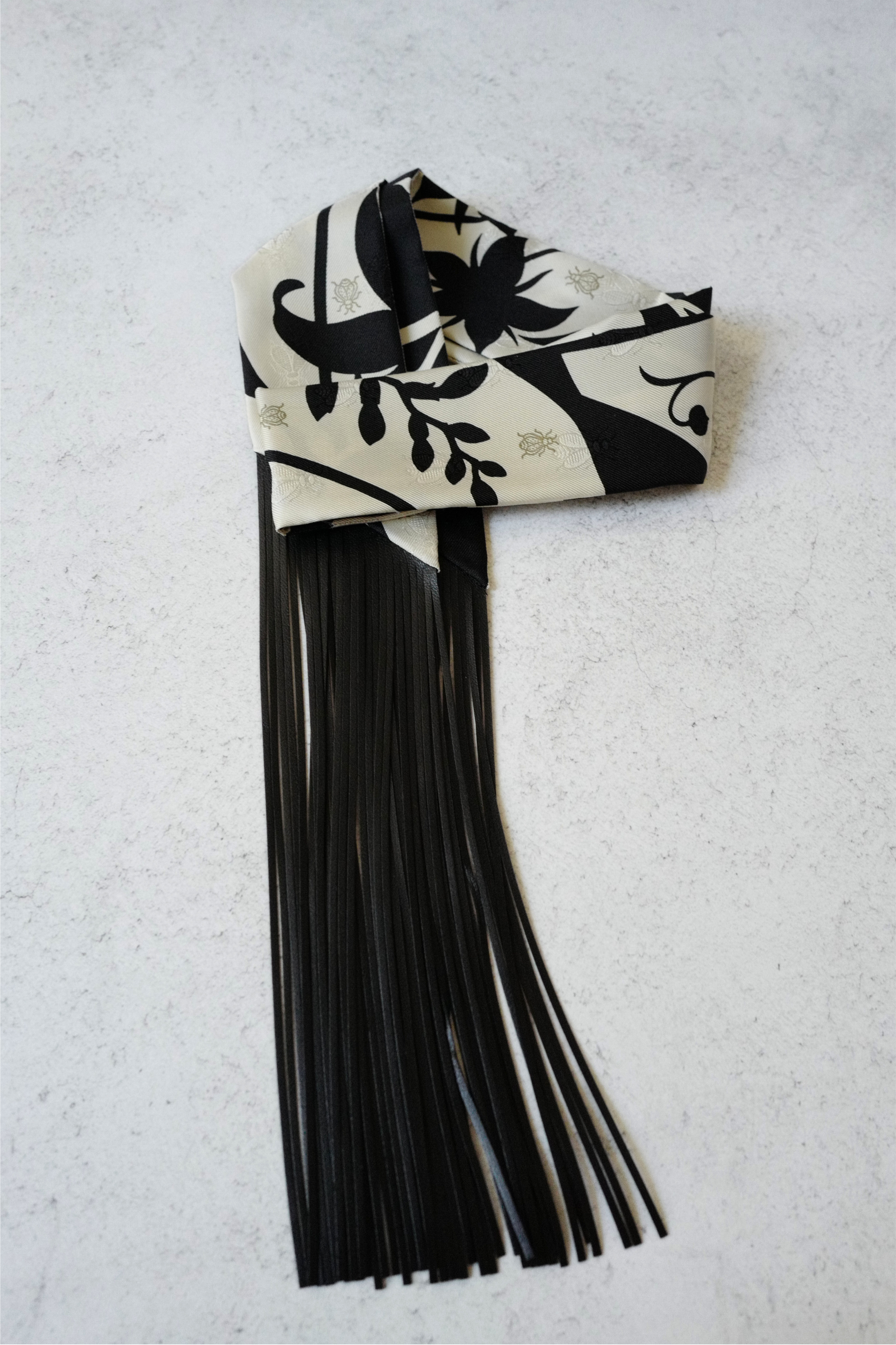 NEW Hermès Twilly Scarf Bouquet Final Leather Fringe Crème/Noir