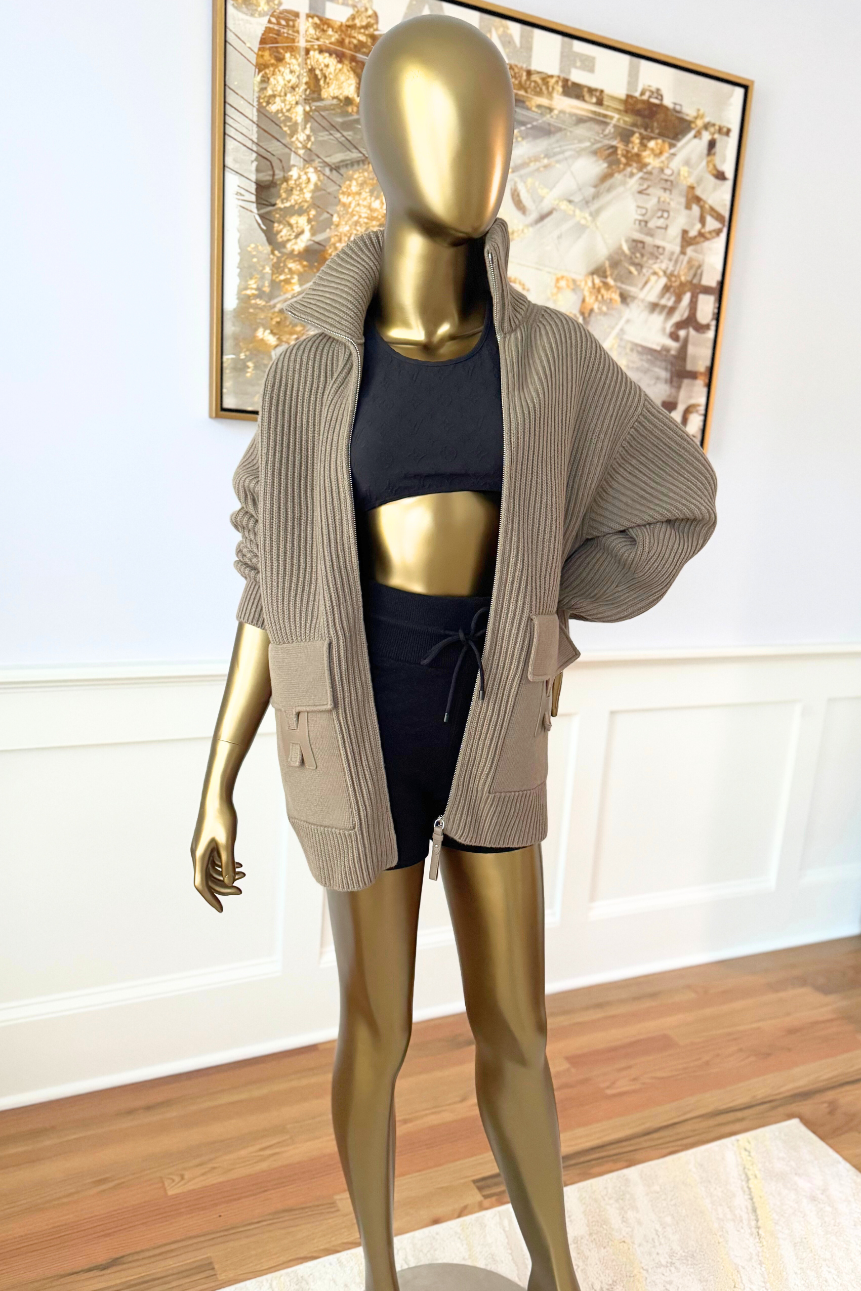 NEW Hermès Blouson Cardigan H Pockets Etoupe Size 34 Wool Jacket