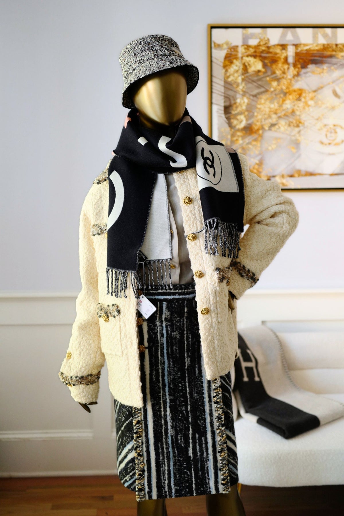 NEW Chanel 26K Oversized Jacket Wool String with Silk Lining Beige Size 36