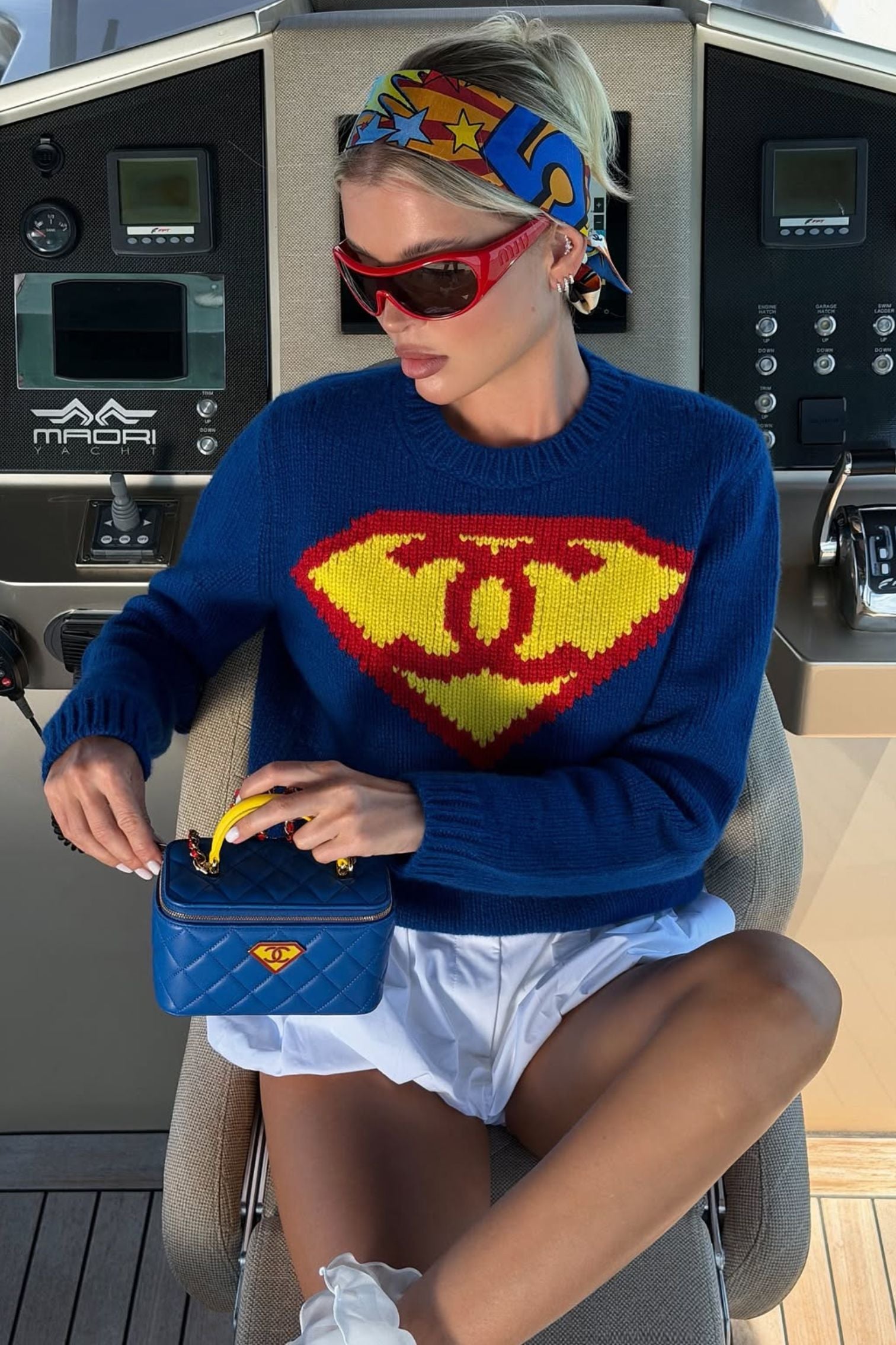 Chanel 26A Long Vanity Superman With Chain Lambskin Blue/Yellow/Red Gold HW