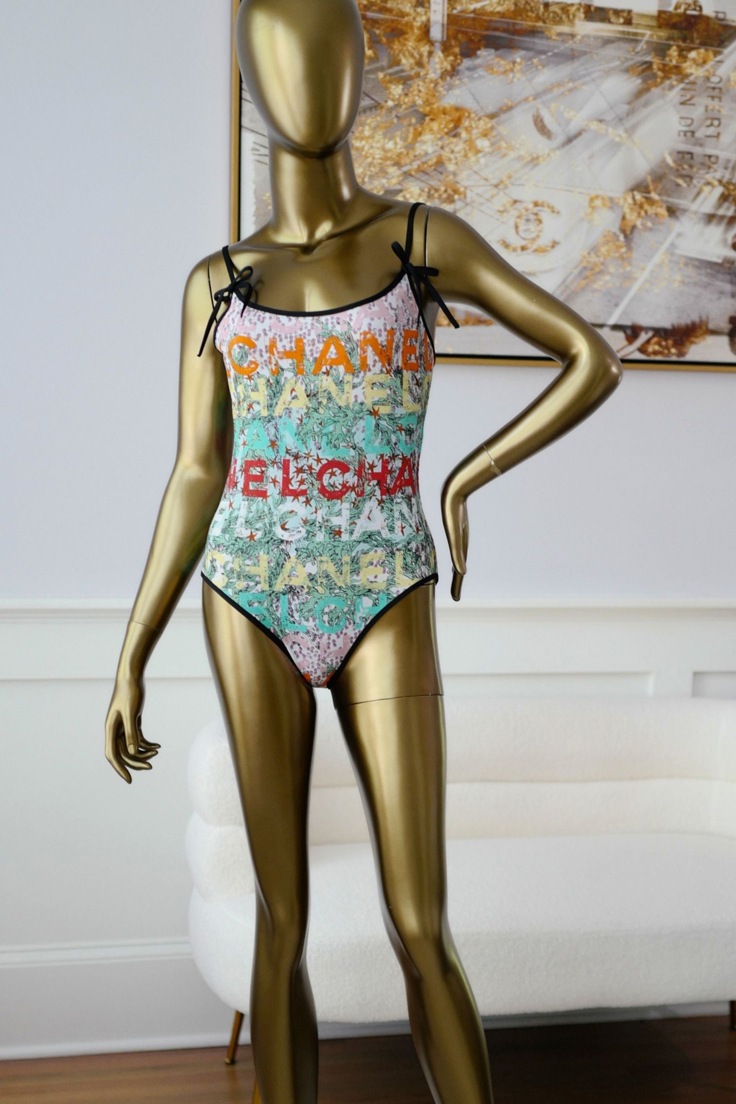 Chanel 26M Coco Beach Swimsuit Multicolor Stretch Jersey Size 38