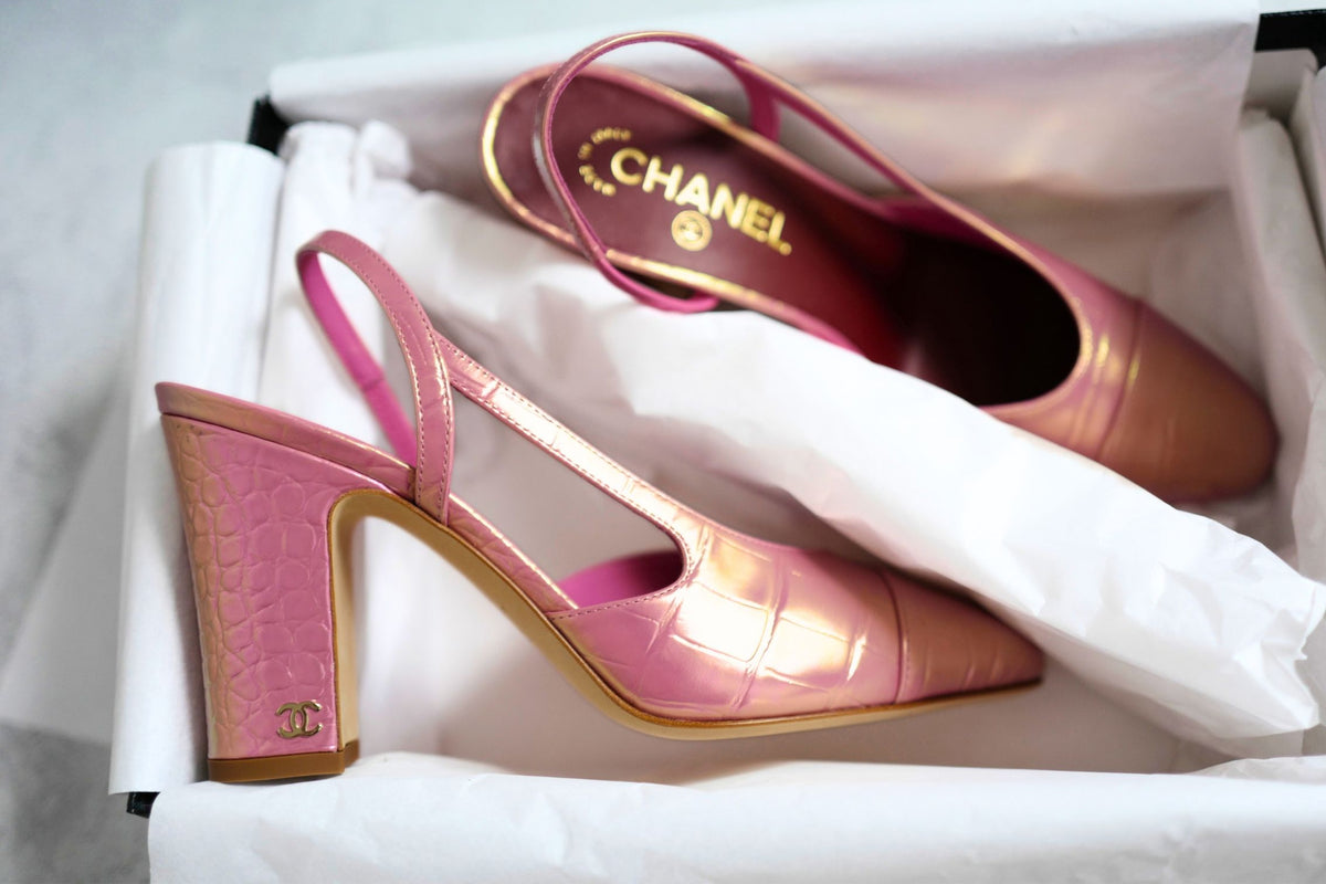 Chanel 26K Matthieu Blazy's Sling Backs Croc Embossed Calfskin Pink Size 38