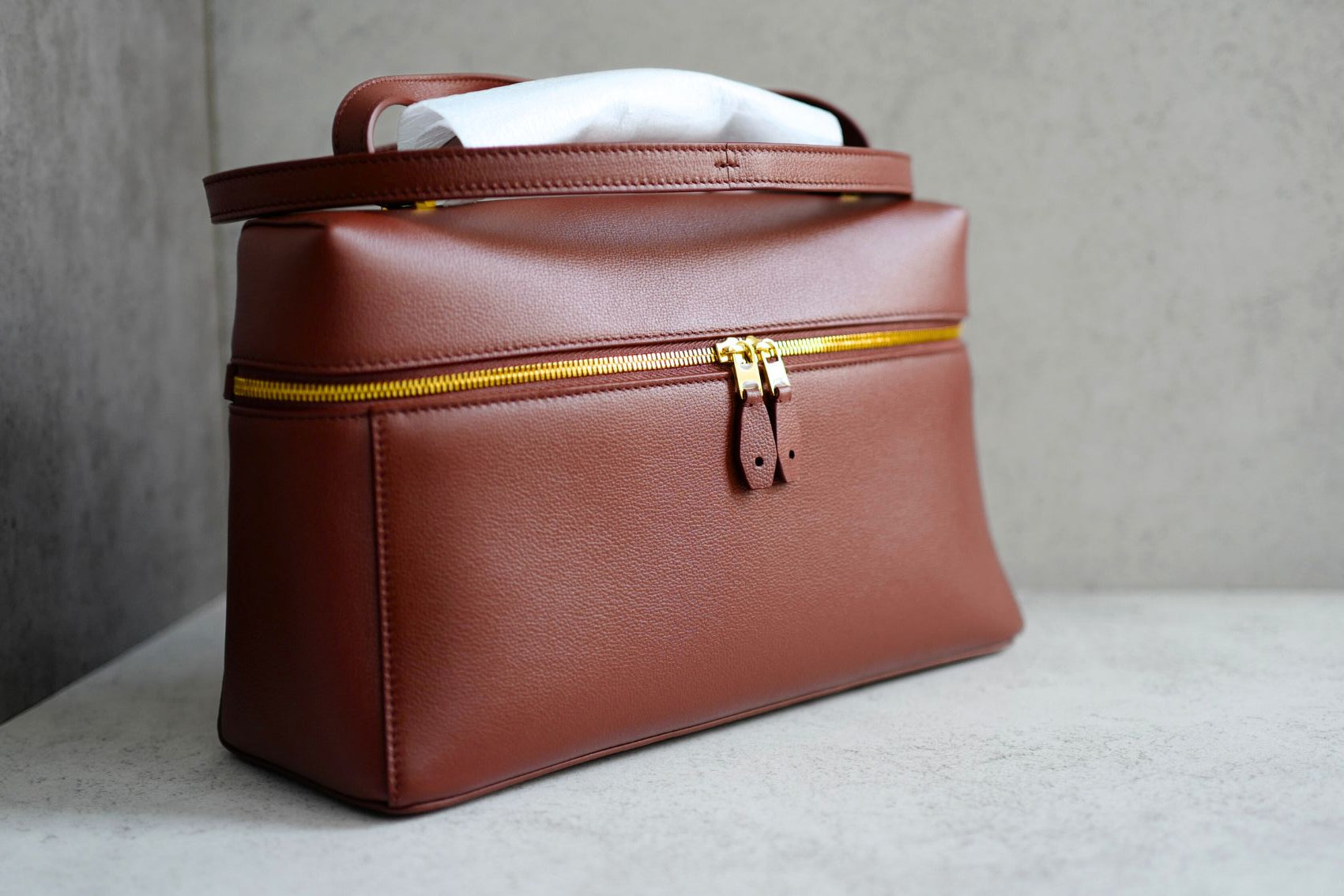 BNIB Loro Piana Extra Bag L27 Smoked Caramel In Grained Calfskin with Gold HW