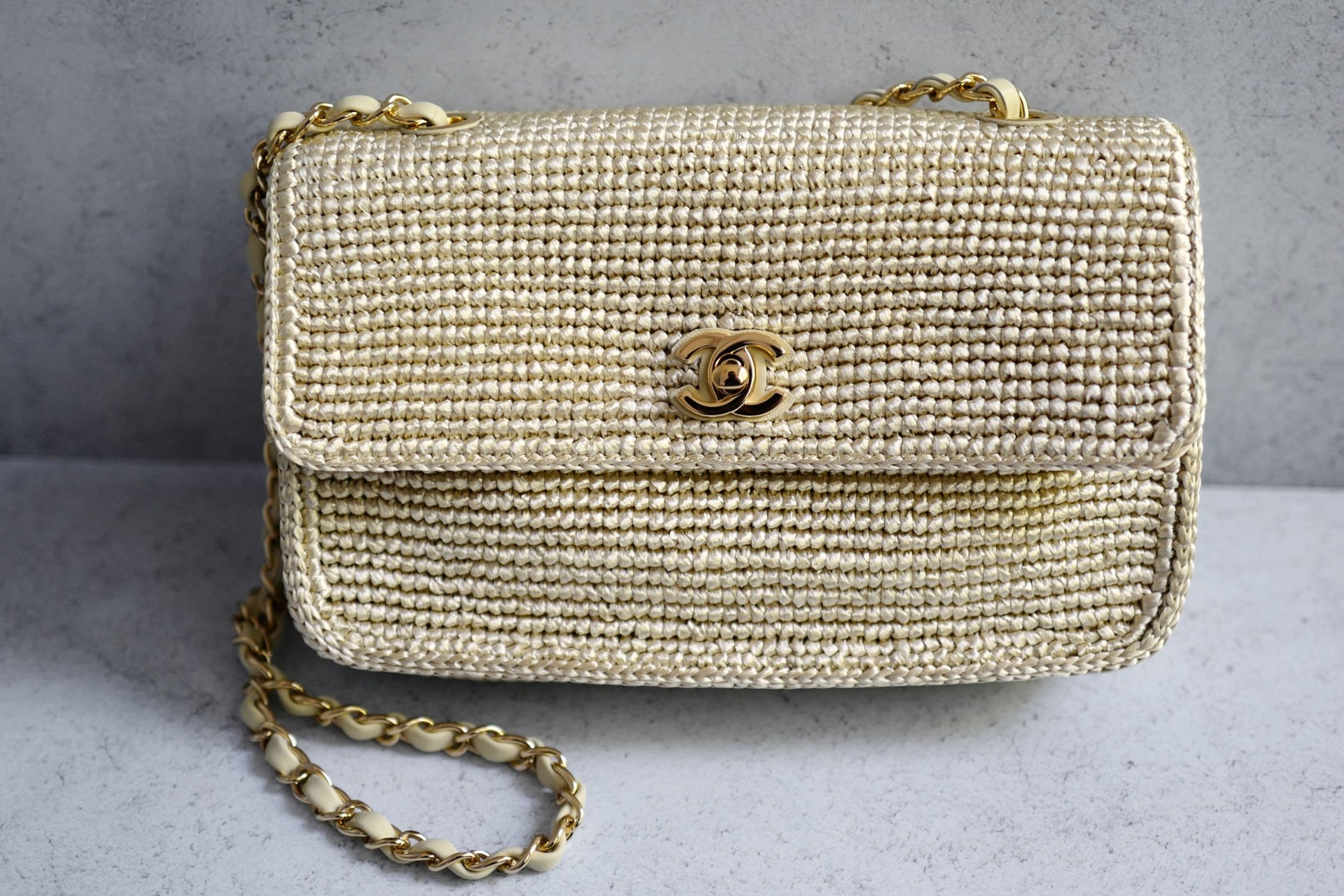 Chanel 26M Coco Beach Small Flap Bag Cream Braided Raffia Gold Hardware