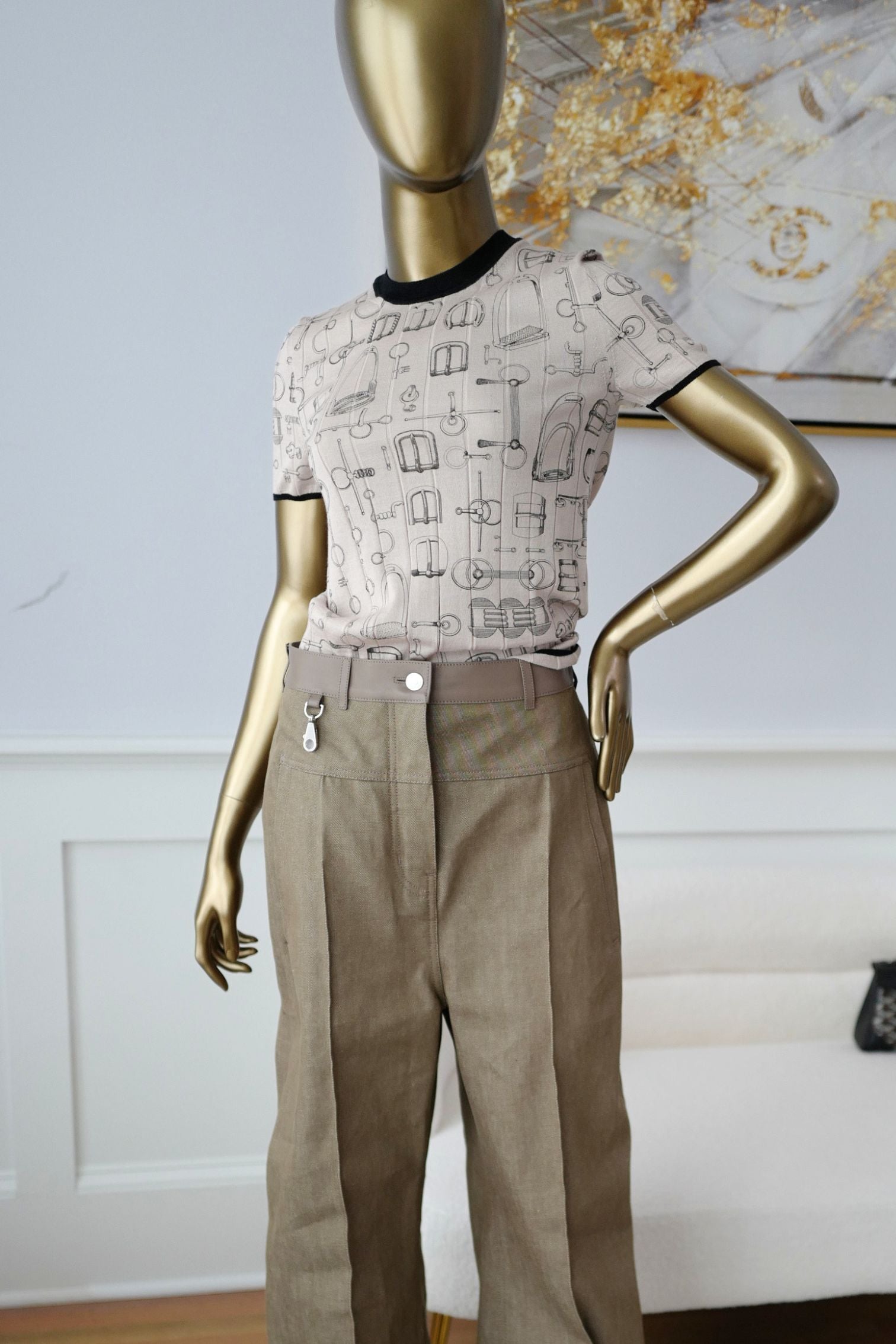 Hermès Short Sleeve Sweater "Cahier du Colporteur" Beige Cashmere Silk Size 36