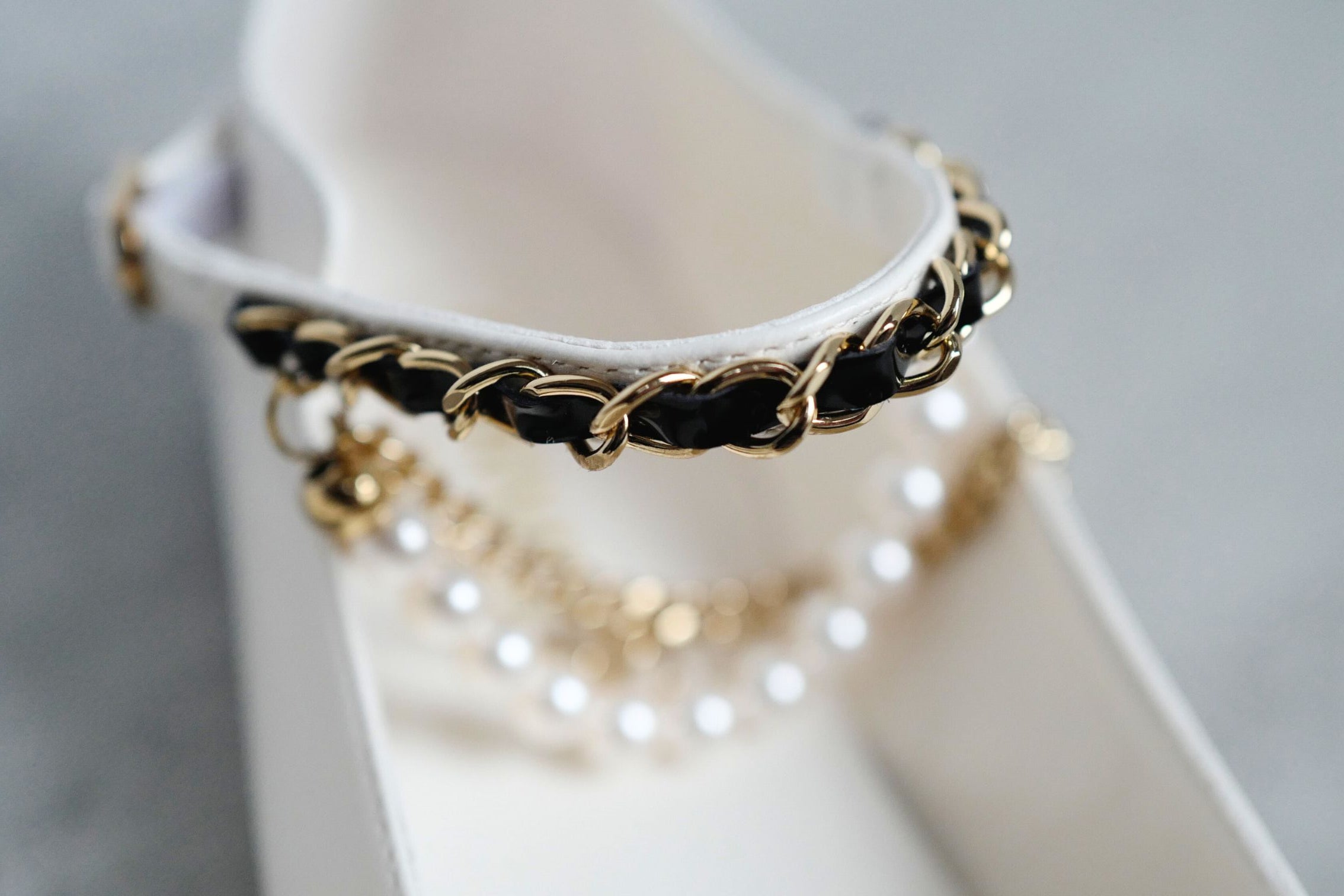 CHANEL Mary Jane Black/White Lambskin Patent Leather Pearl Detail Size 39