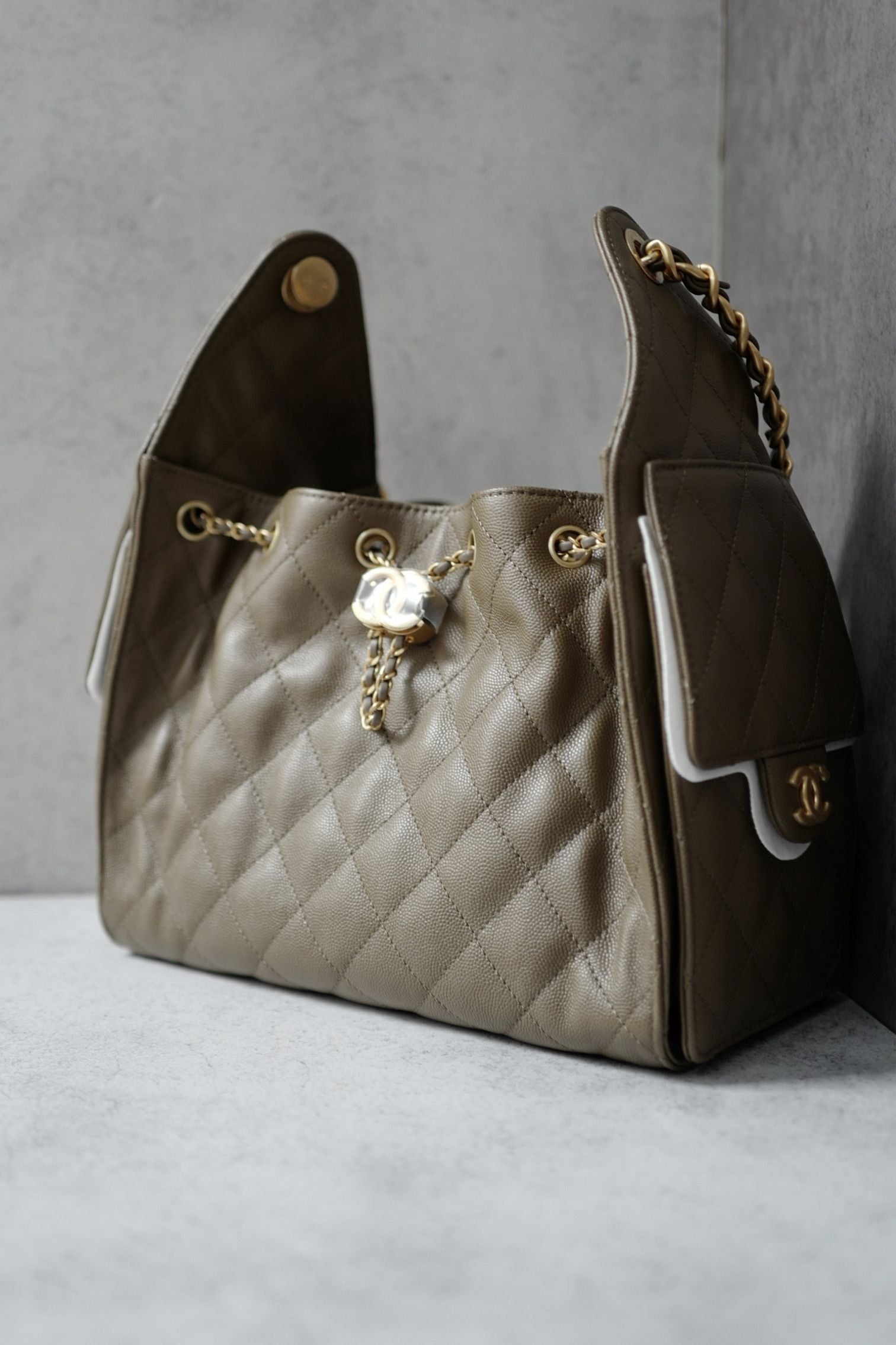 Chanel 26s Small Hobo Dark Khaki Grained Calfskin Gold Hardware