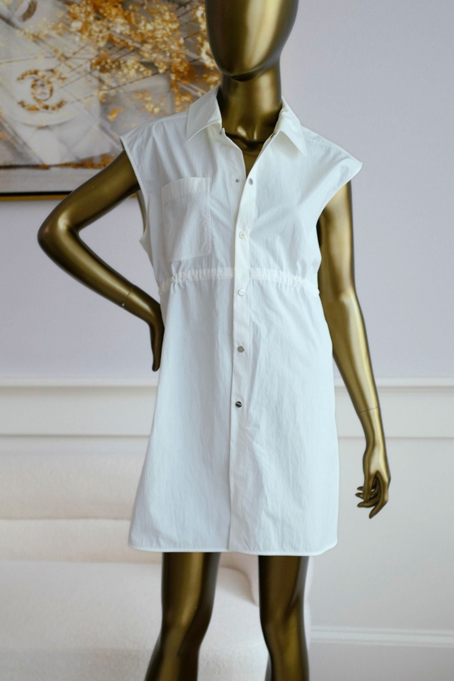 Hermès Chemise Coulissée Sans Manches Blanc Cassé Technical Cotton Size 36