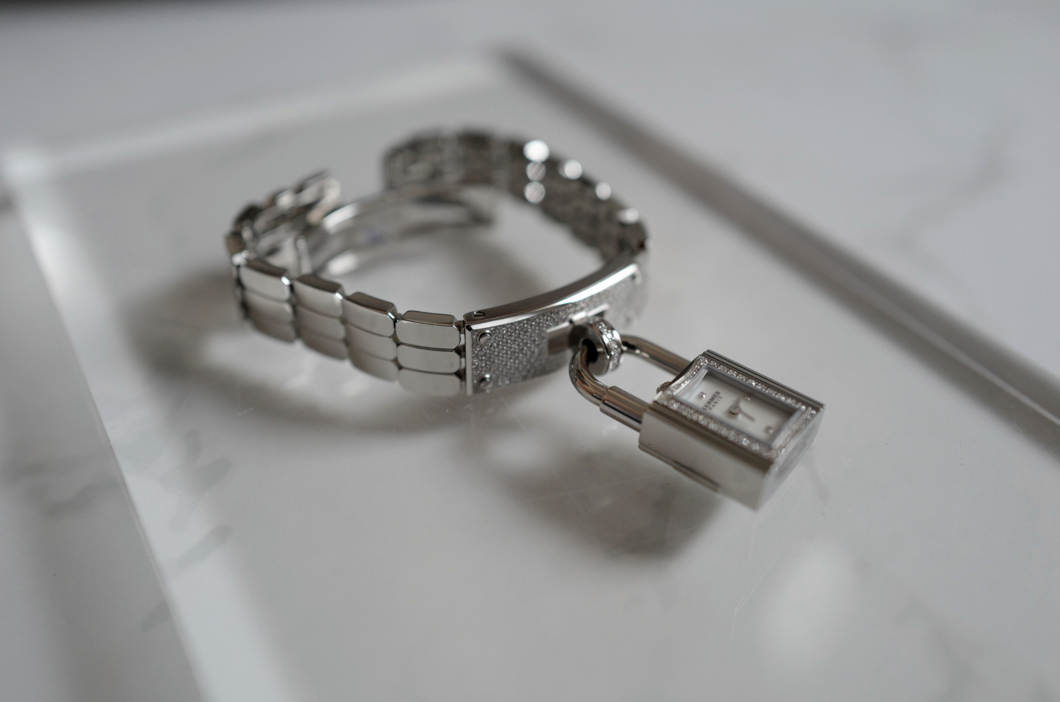 BNIB Hermes Kelly Watch Mini Model, 16 mm, Diamond Stainless Steel Bracelet