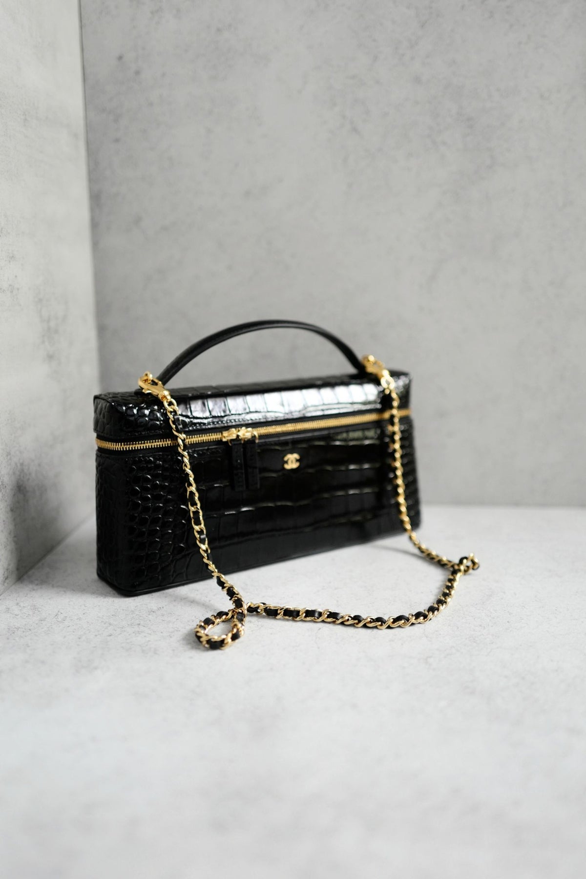 Chanel 26K Matthieu Blazy's Vanity with Chain Croc Embossed Black Calfskin Leather GHW