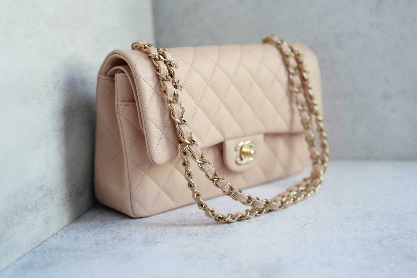 BNIB Chanel Medium Classic Double Flap Bag Beige Clair Grained Gold Hardware