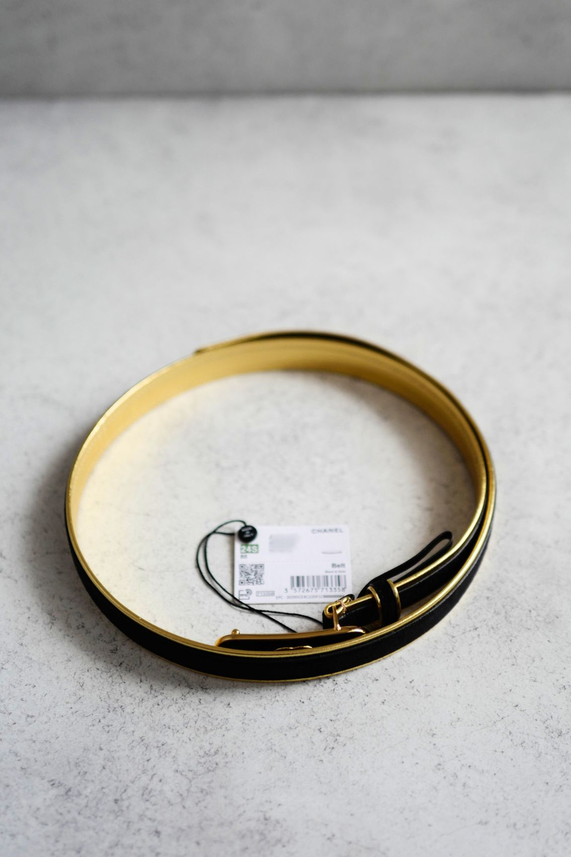 Chanel 24S Womens Leather Belt in Goatskin, Lambskin & Metal Black & Gold 80