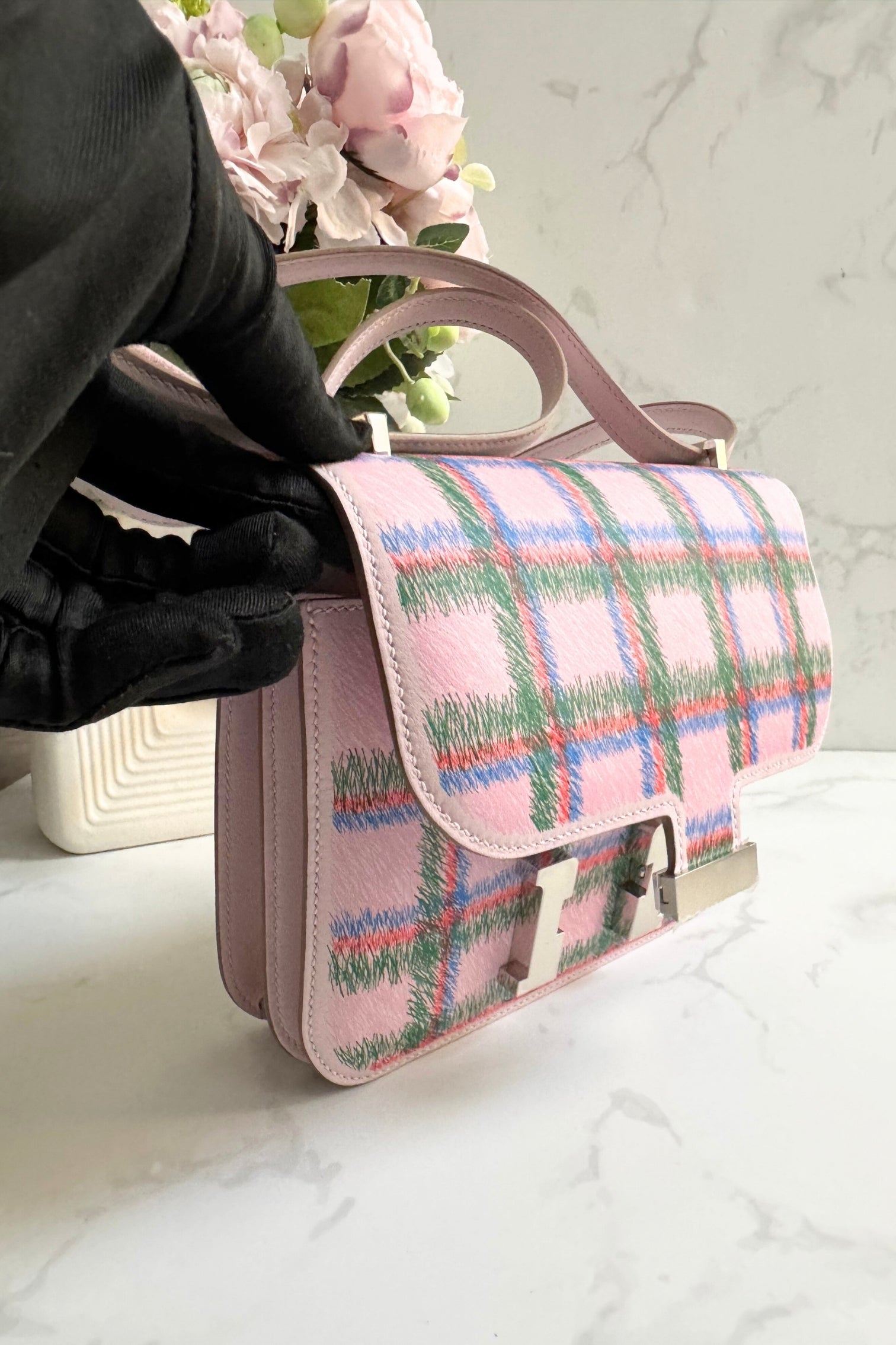 BNIB Hermès Constance 18 Mirror Tartan Pink Leather Shoulder Bag Palladium Hardware