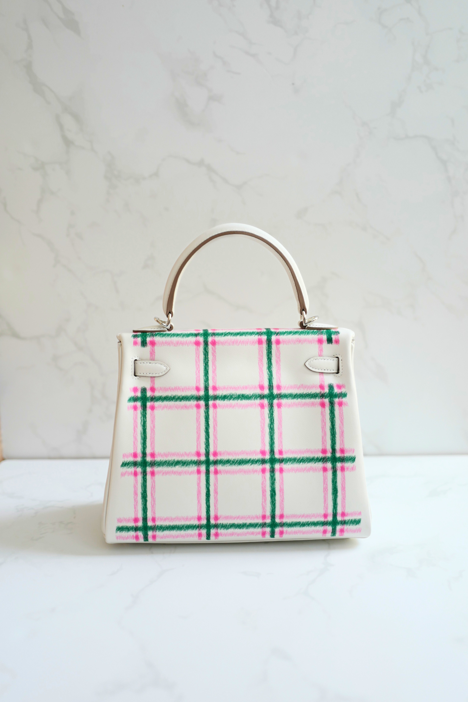 BNIB Hermès Kelly 25 Sellier Tartan Pattern White Leather Handbag With Palladium Hardware