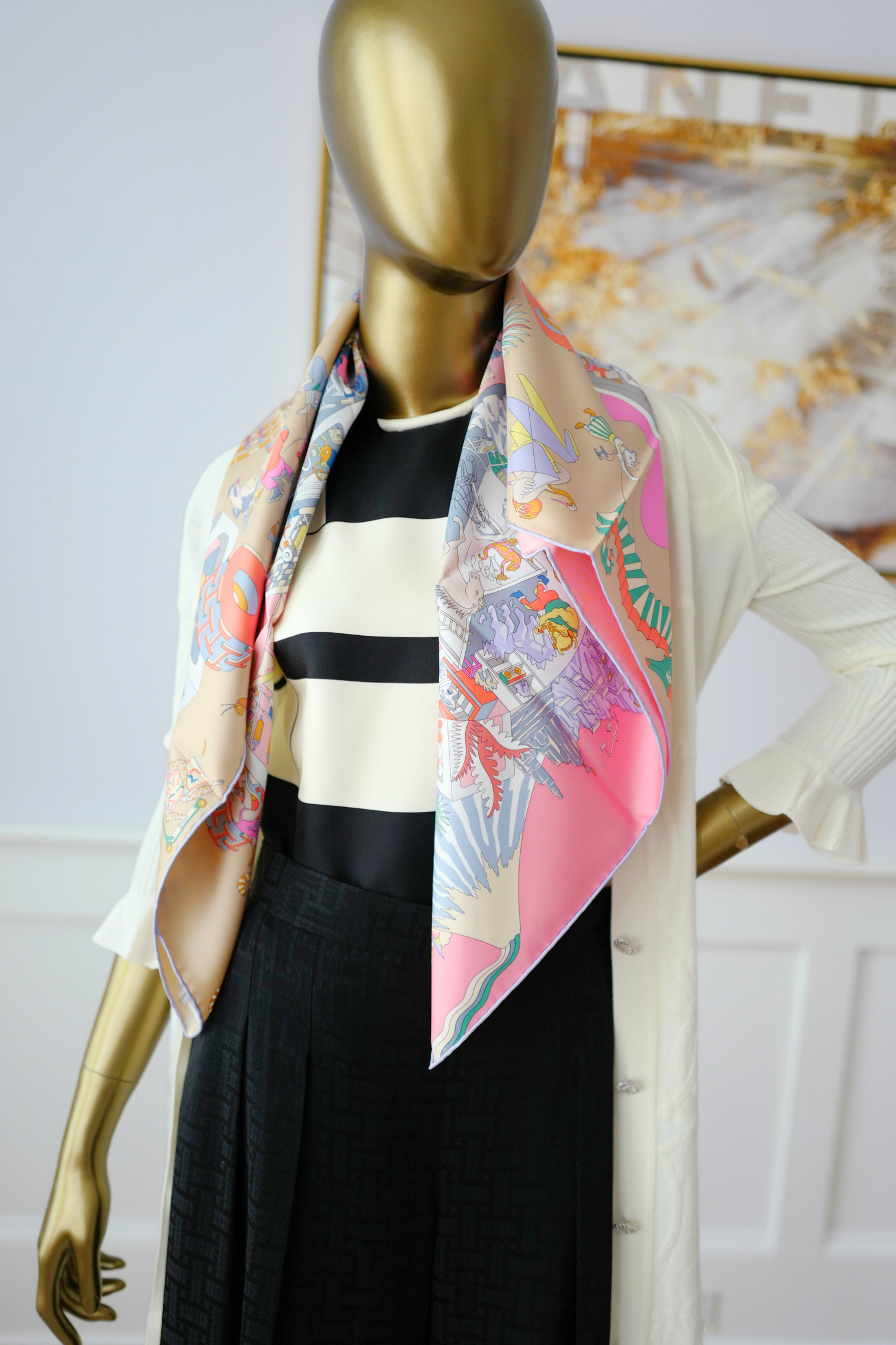 NEW Hermès Scarf 90 Academia Hippica Rose Bonbon/Gris Silk Scarf