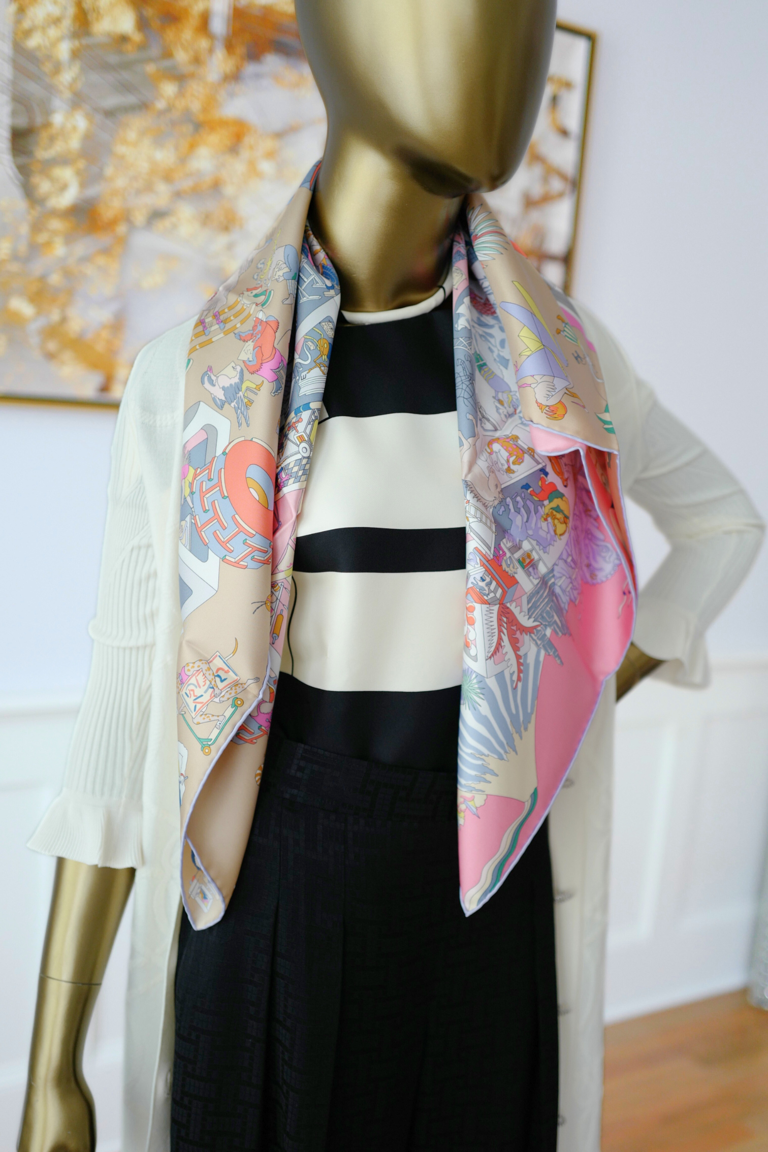 NEW Hermès Scarf 90 Academia Hippica Rose Bonbon/Gris Silk Scarf