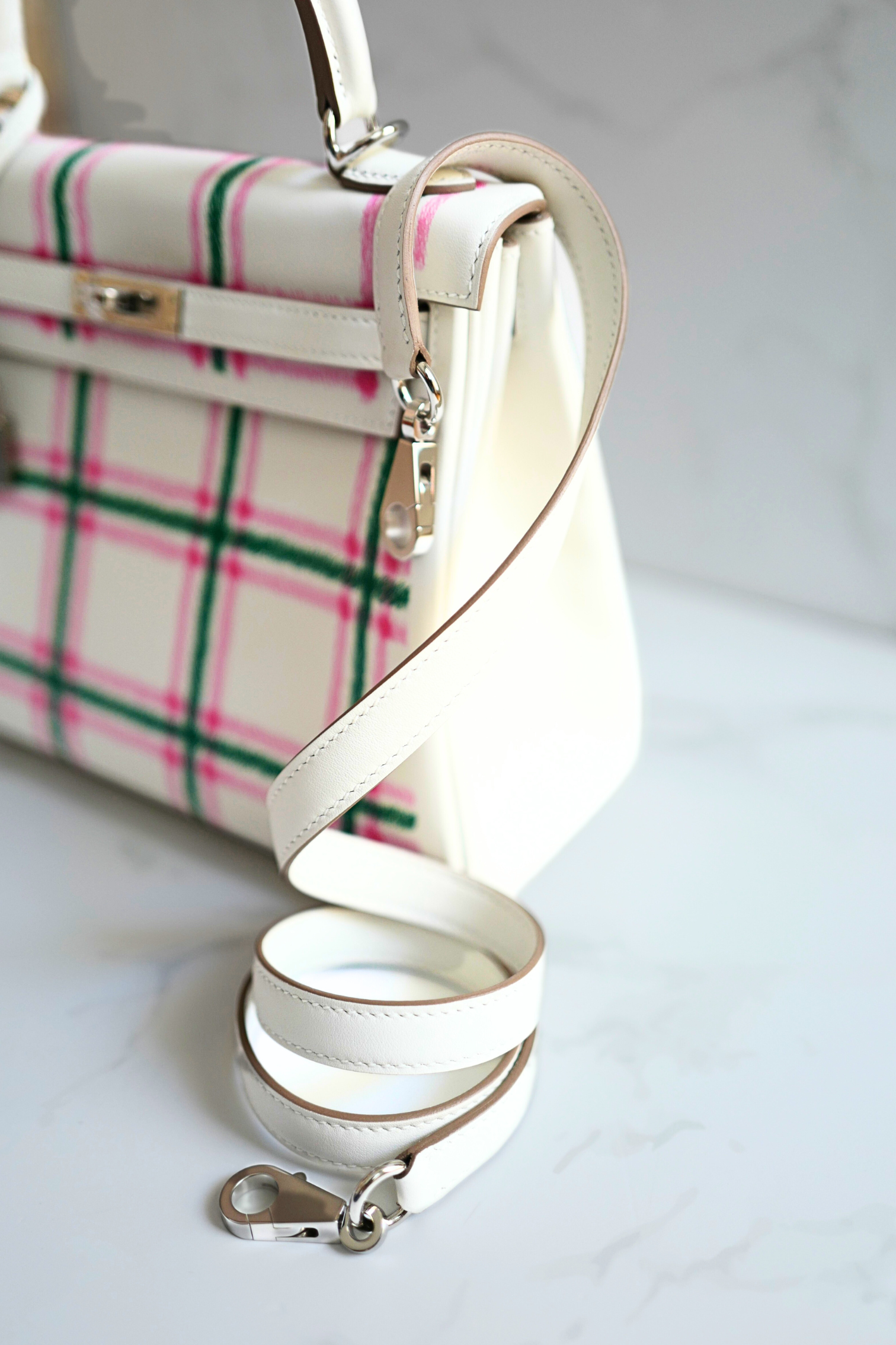BNIB Hermès Kelly 25 Sellier Tartan Pattern White Leather Handbag With Palladium Hardware