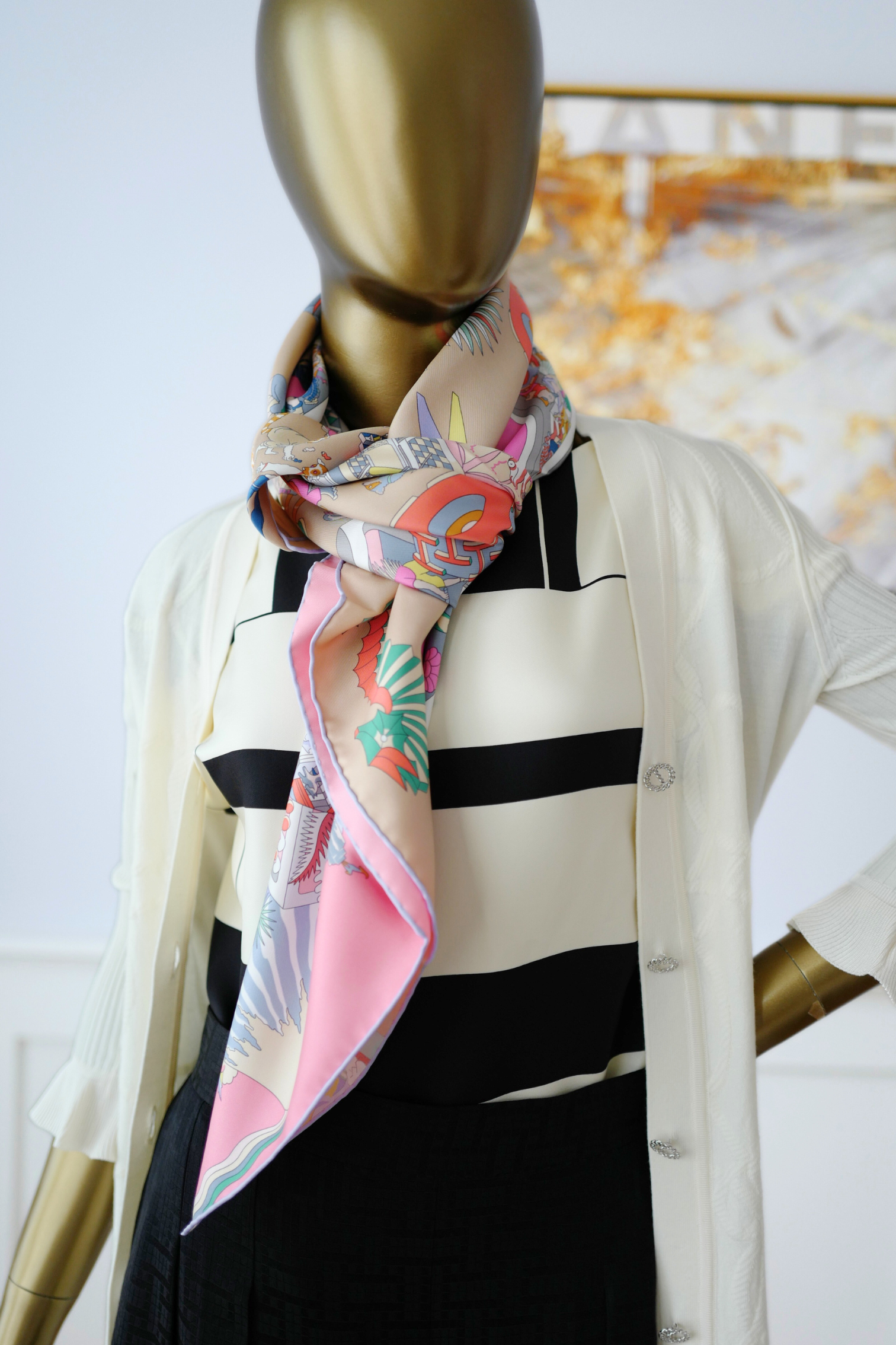 NEW Hermès Scarf 90 Academia Hippica Rose Bonbon/Gris Silk Scarf