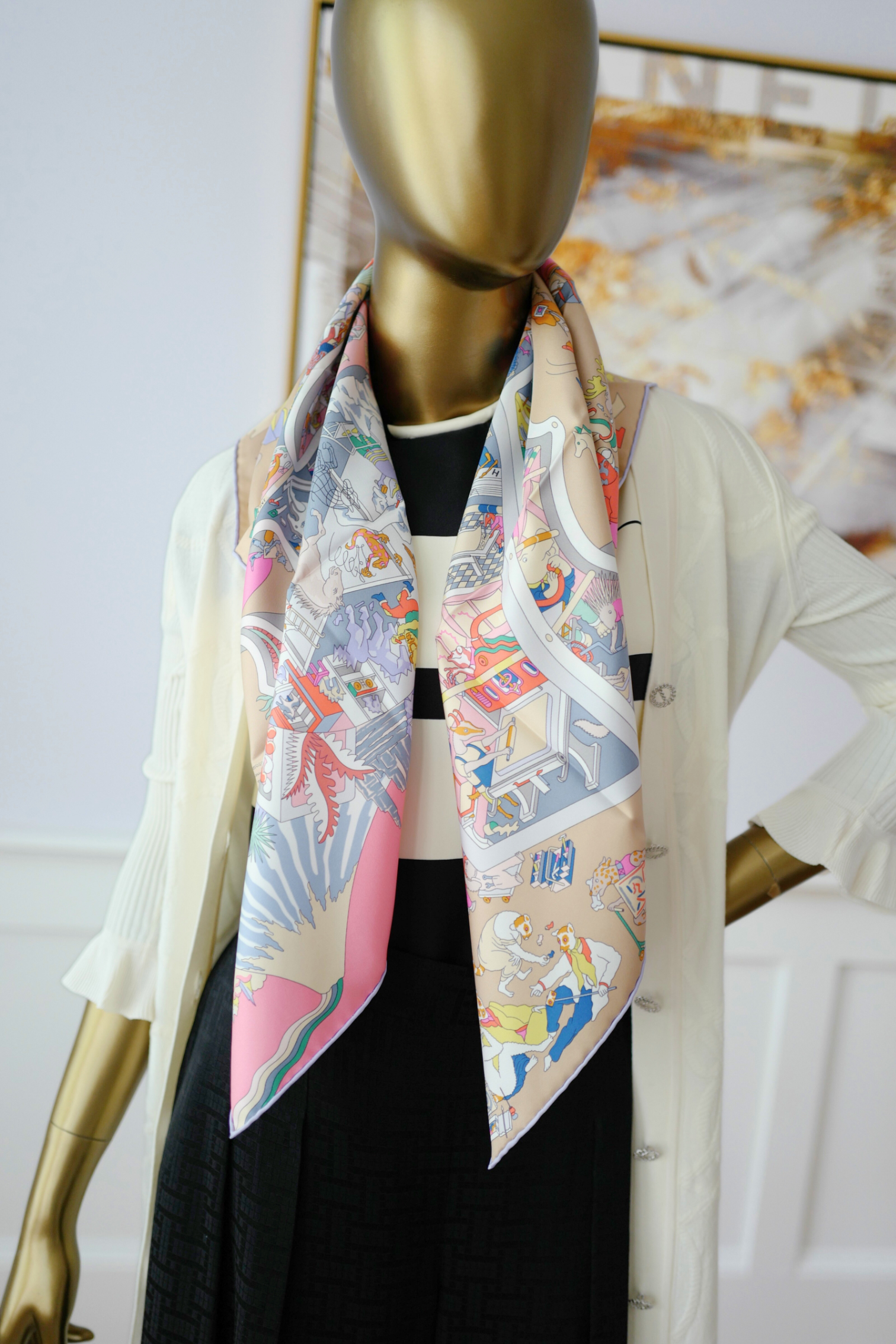 NEW Hermès Scarf 90 Academia Hippica Rose Bonbon/Gris Silk Scarf
