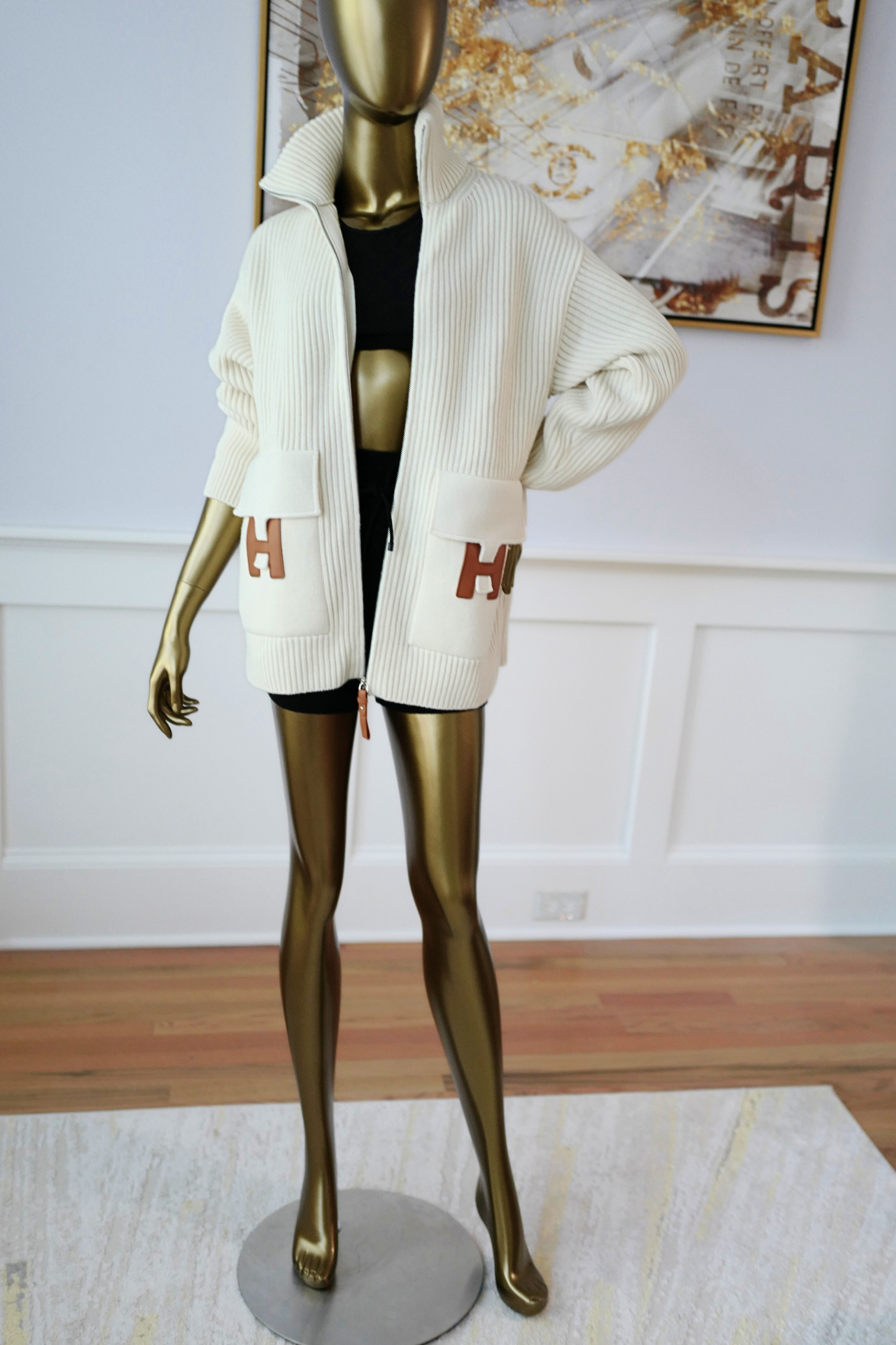 New Hermes Blouson Details Cuir cardigan Virgin Wool size 34