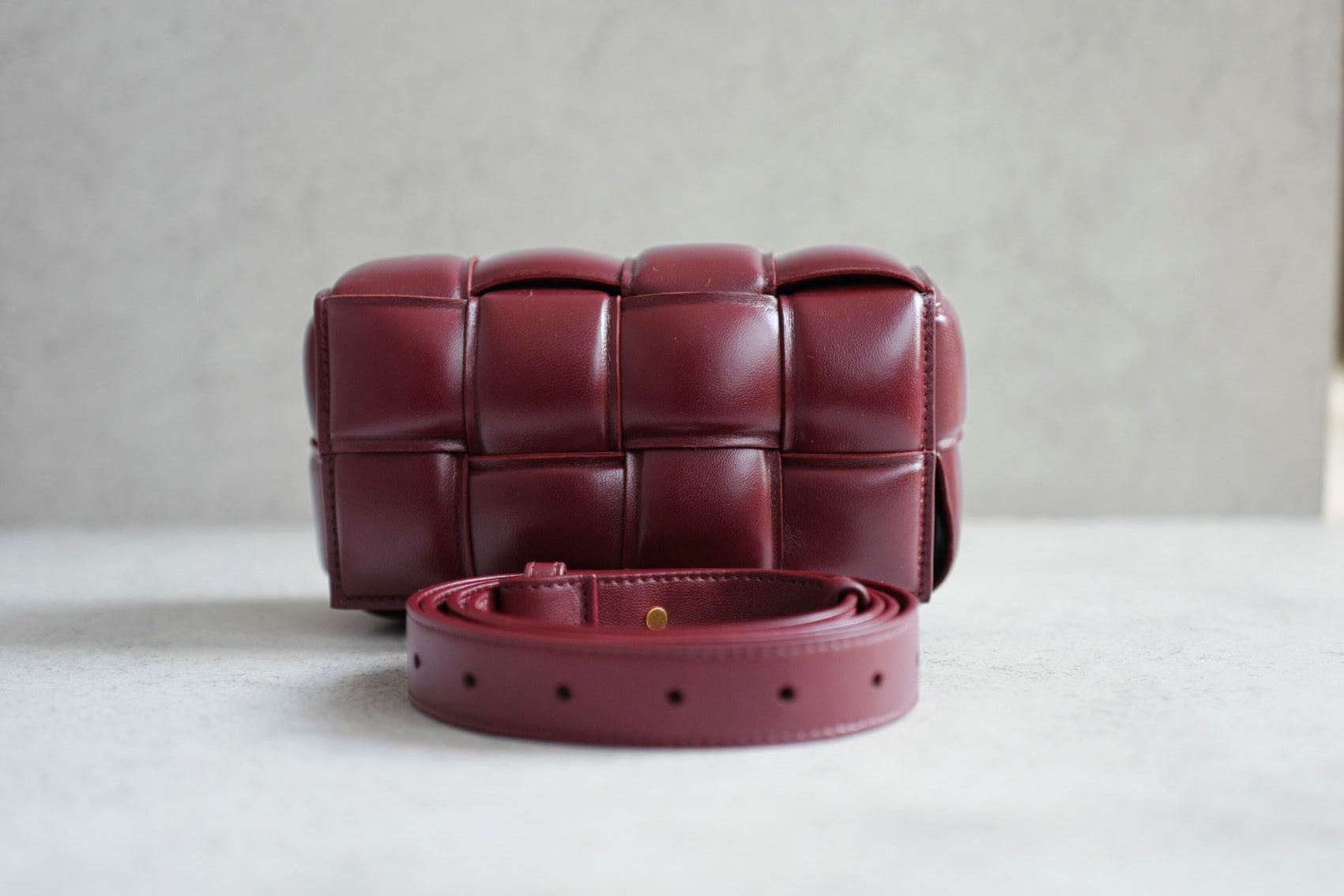 Bottega Veneta Padded Burgundy Small Cassette Belt Bag NEW