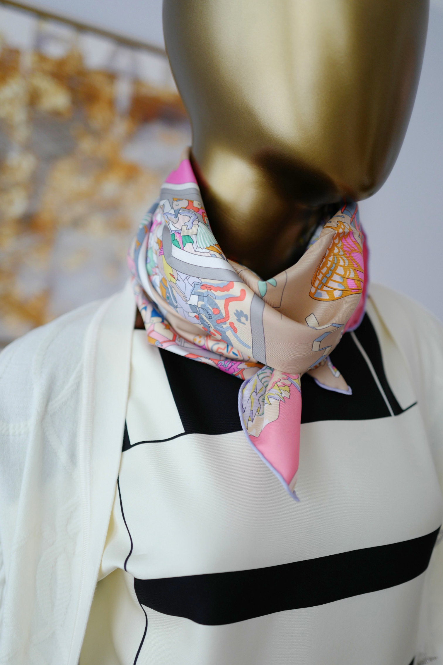 NEW Hermès Scarf 90 Academia Hippica Rose Bonbon/Gris Silk Scarf