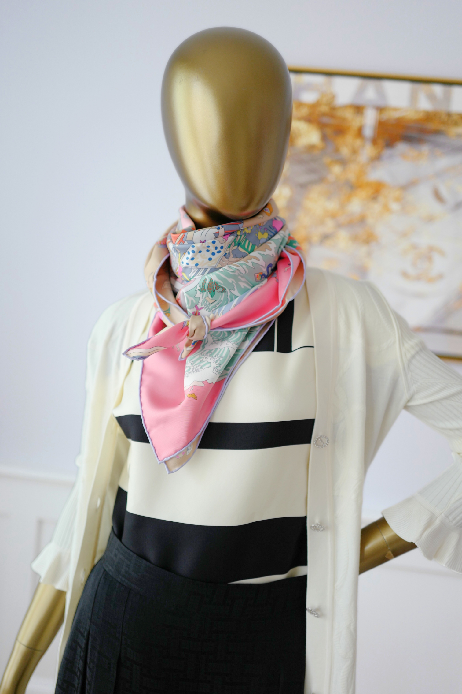 NEW Hermès Scarf 90 Academia Hippica Rose Bonbon/Gris Silk Scarf