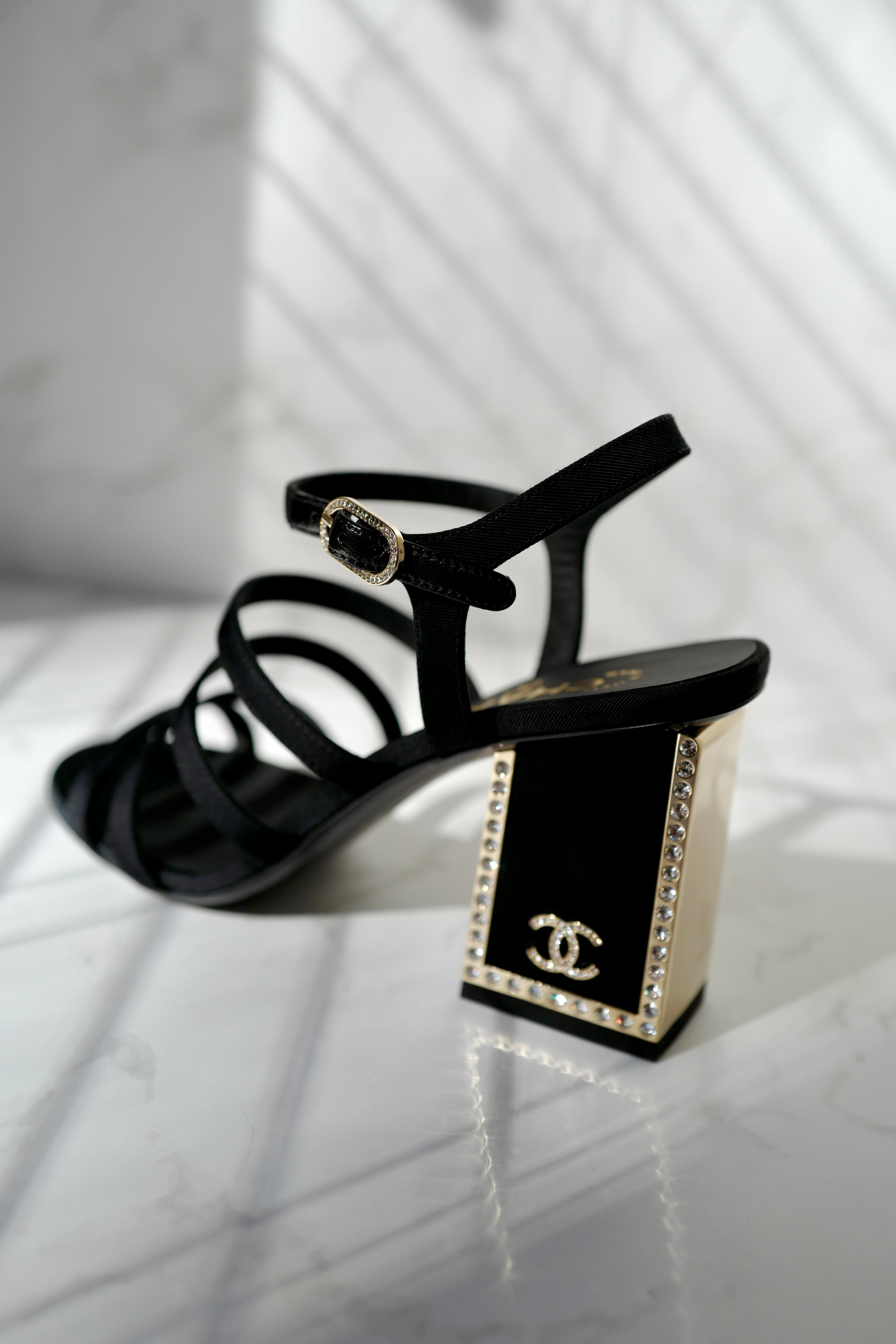 BNIB Chanel 24B Strappy Heels in Black with Crystals Rhinestone Heels size 38