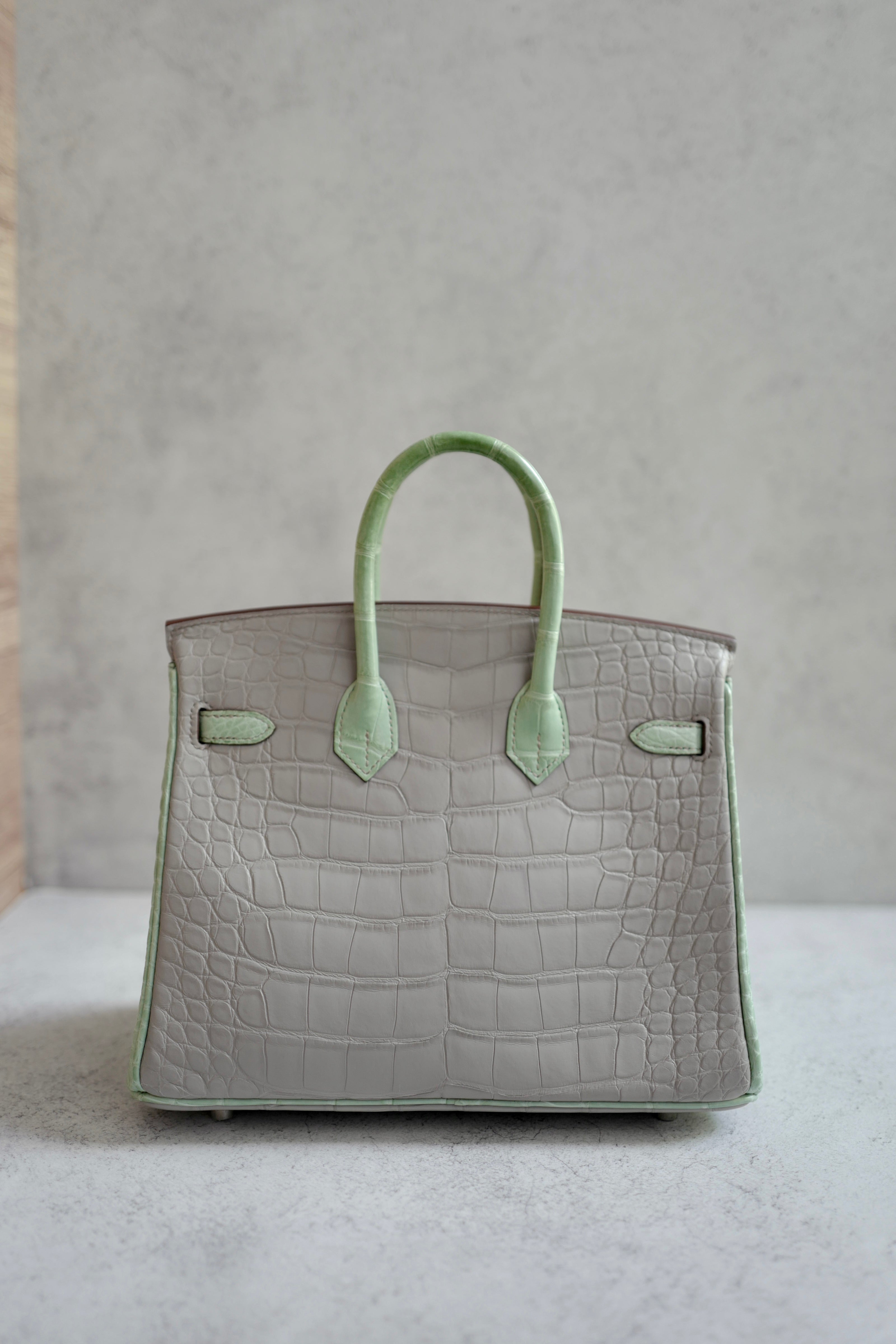 BNIB Hermes Birkin 25 HSS Gris Perle/Vert D’eau Matte Crocodile Brushed Palladium HW