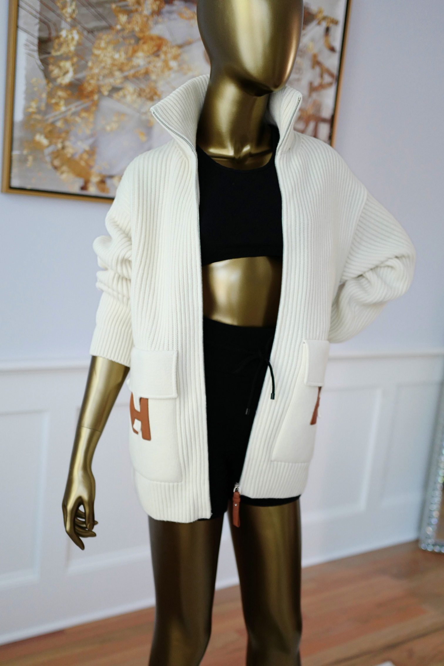 New Hermes Blouson Details Cuir cardigan Virgin Wool size 34