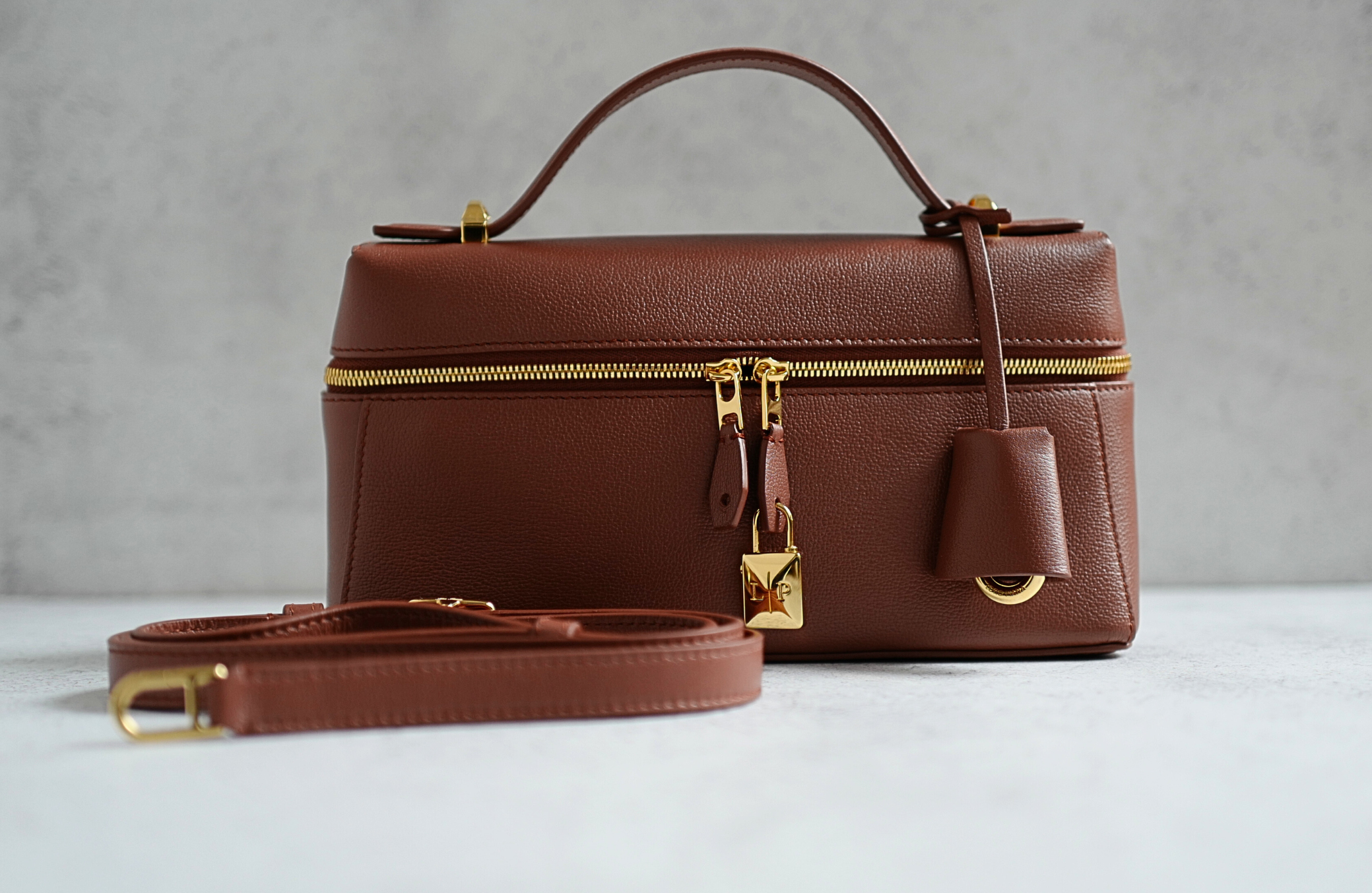 NEW Loro Piana Extra Bag L23 Burnt Tan Sun Gold Calfskin Leather Crossbody Bag
