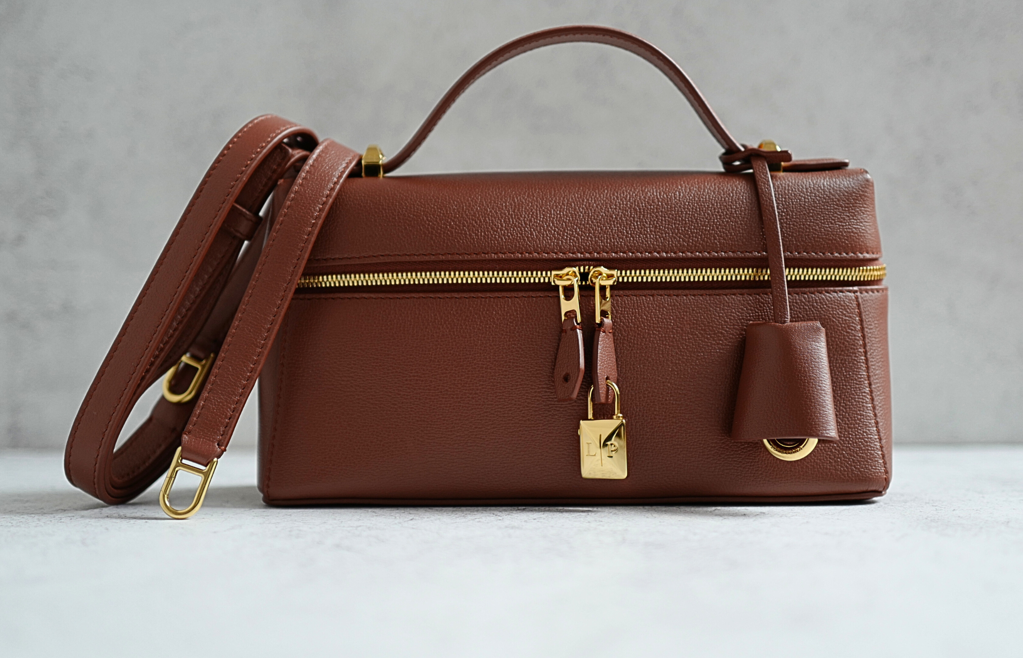 NEW Loro Piana Extra Bag L23 Burnt Tan Sun Gold Calfskin Leather Crossbody Bag