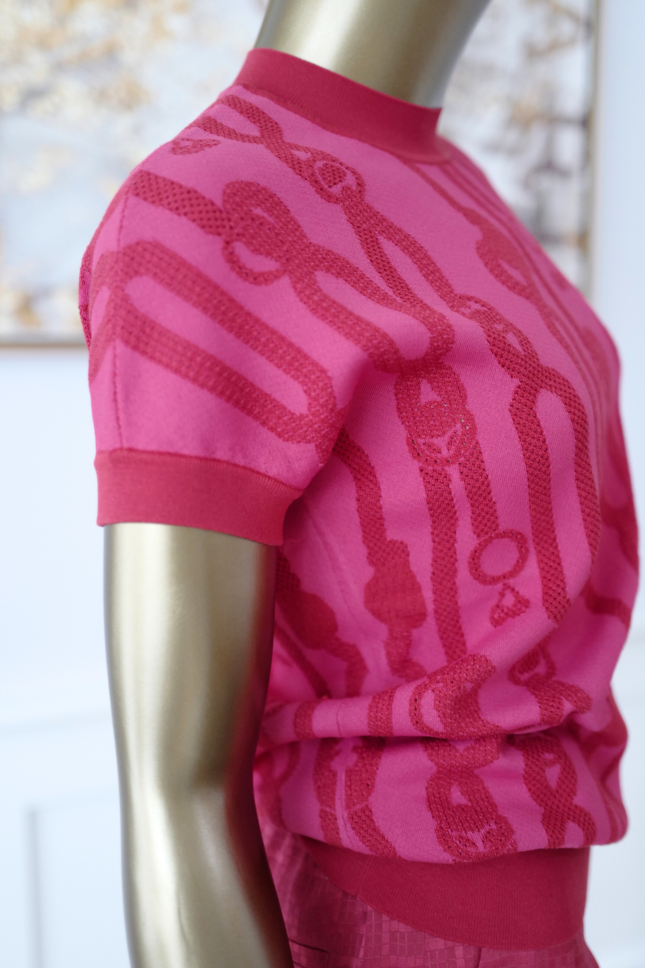 NEW Hermès Palefroi Remix Short Sleeve Sweater Rose Framboise Pink Size 36