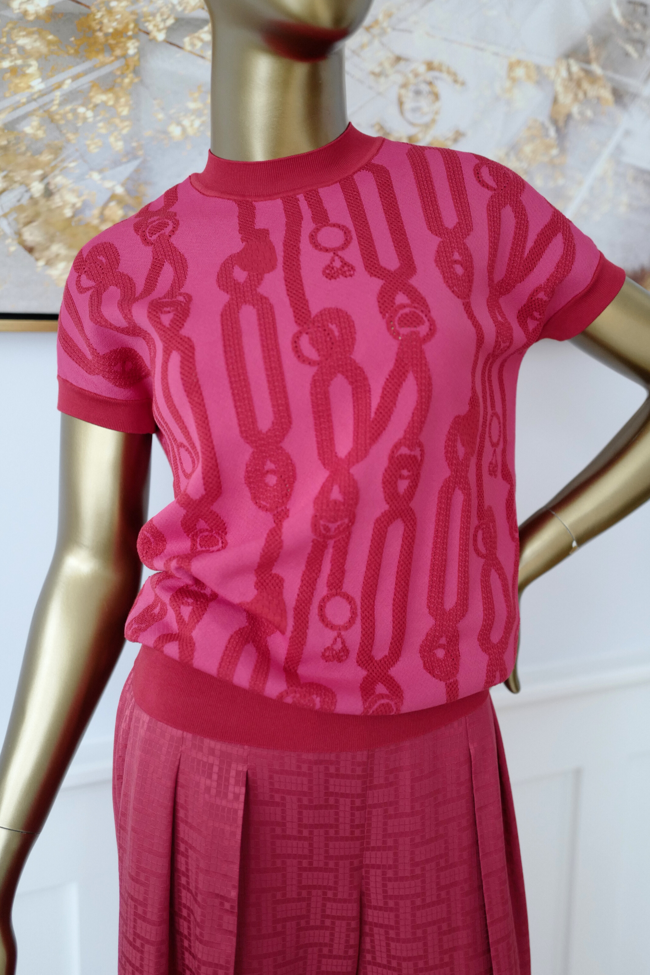 NEW Hermès Palefroi Remix Short Sleeve Sweater Rose Framboise Pink Size 36