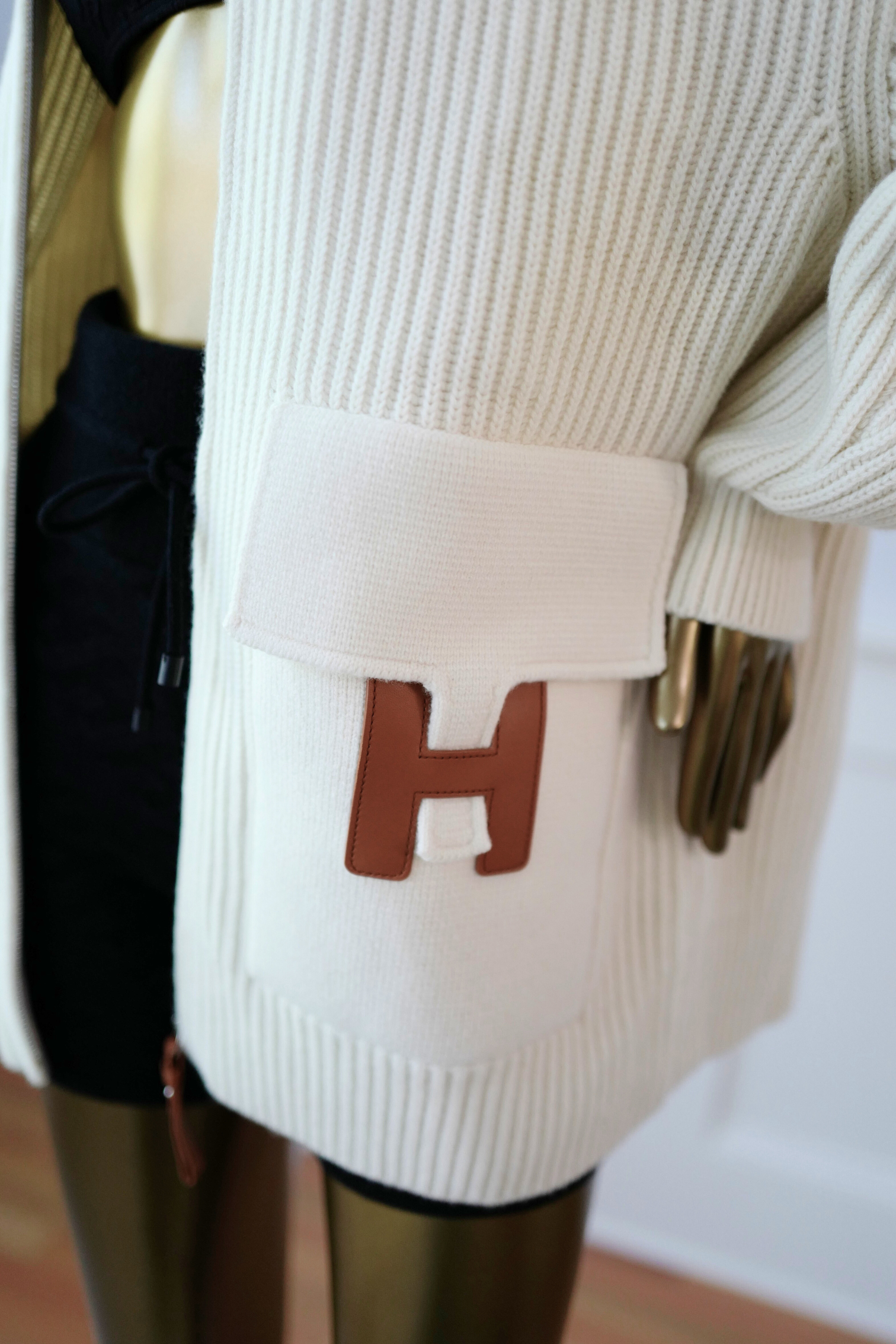 New Hermes Blouson Details Cuir cardigan Virgin Wool size 34