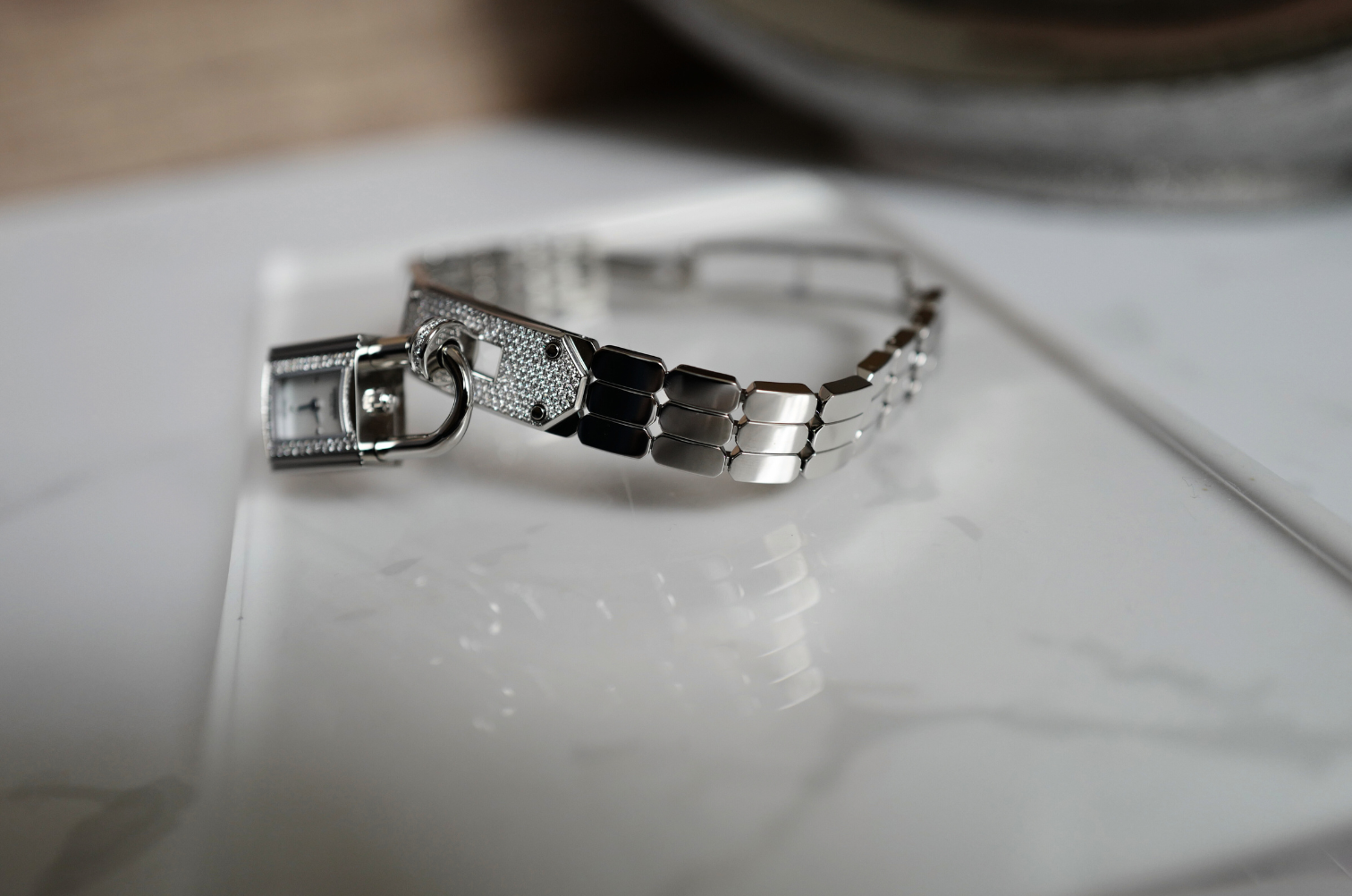 BNIB Hermes Kelly Watch Mini Model, 16 mm, Diamond Stainless Steel Bracelet