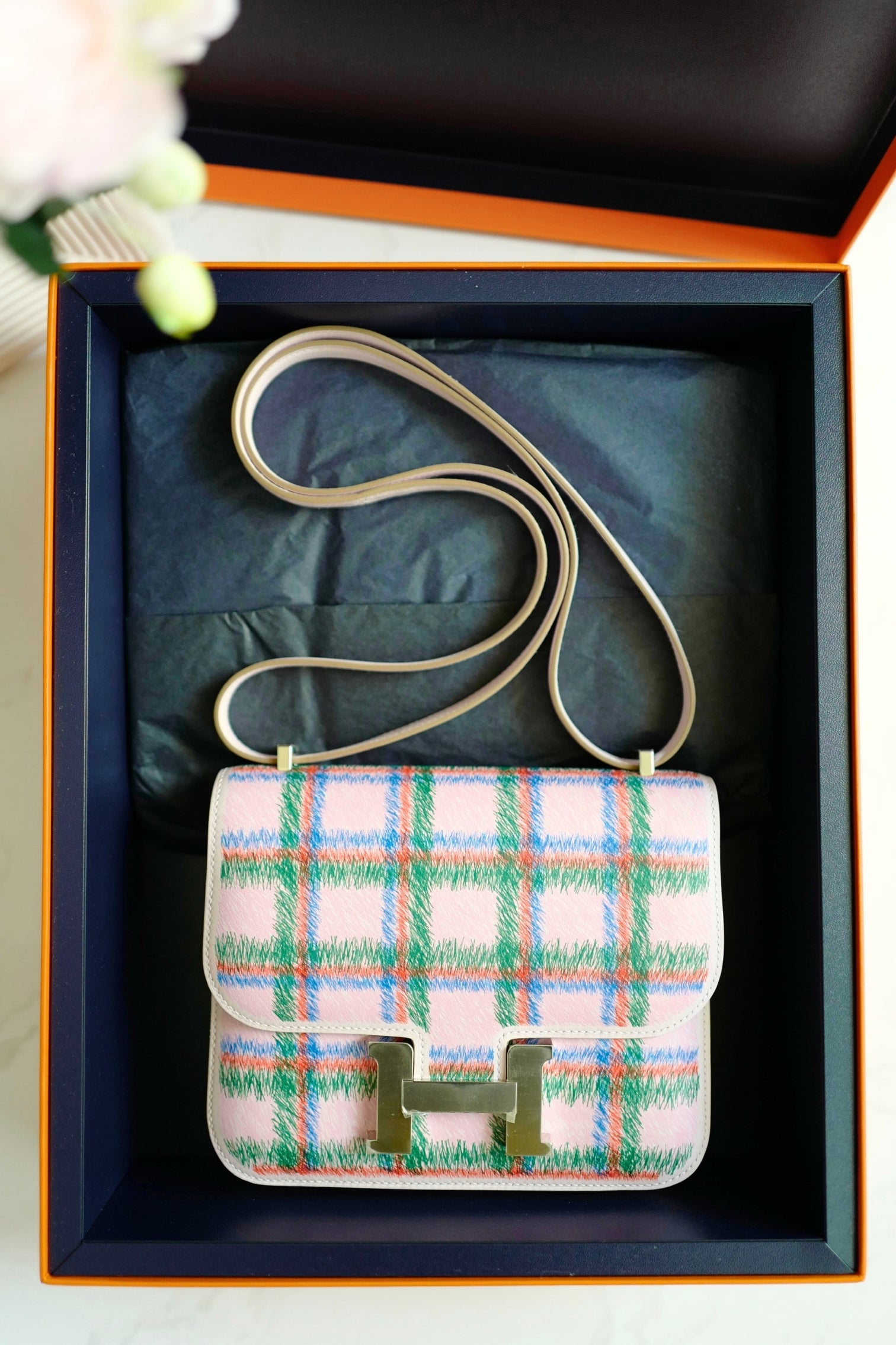 BNIB Hermès Constance 18 Mirror Tartan Pink Leather Shoulder Bag Palladium Hardware