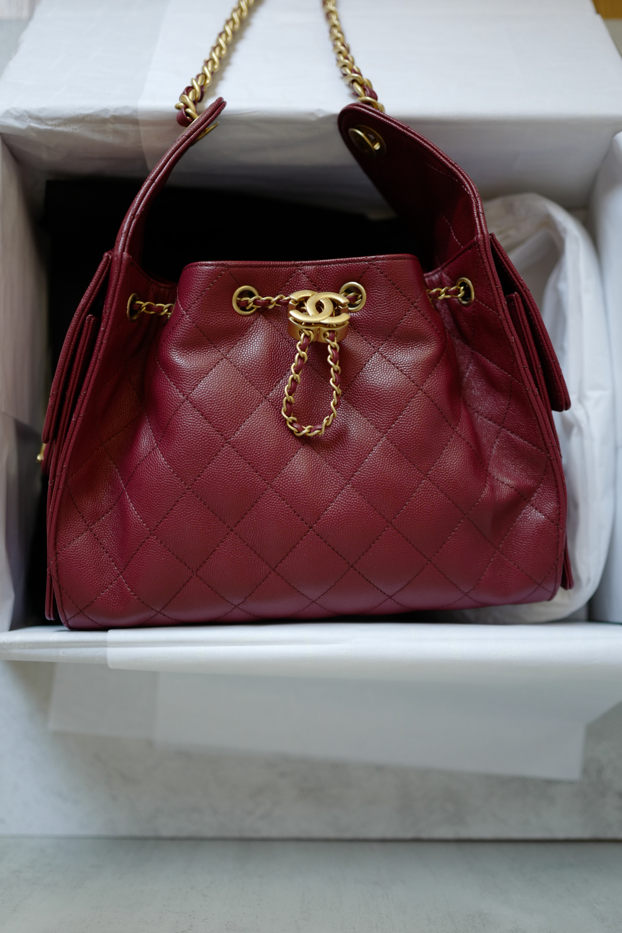 BNIB Chanel 25K Small Hobo Bag Red Grained Calfskin with Gold Hardware