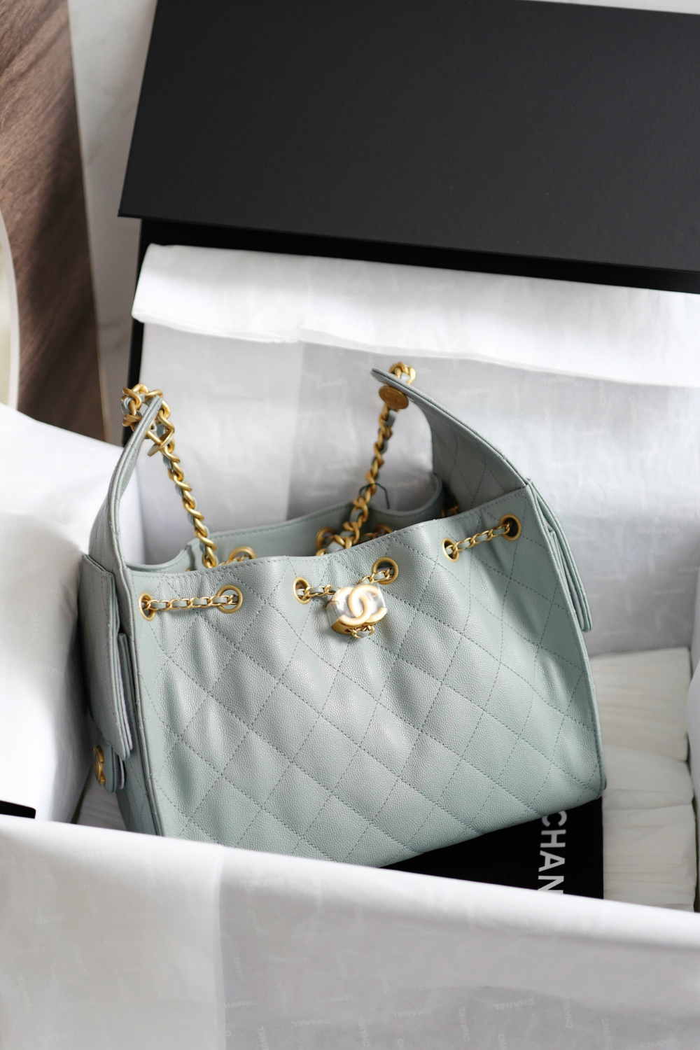 NEW CHANEL Spring-Summer 2025 25S Small Hobo Bag Grained Calfskin Light Green