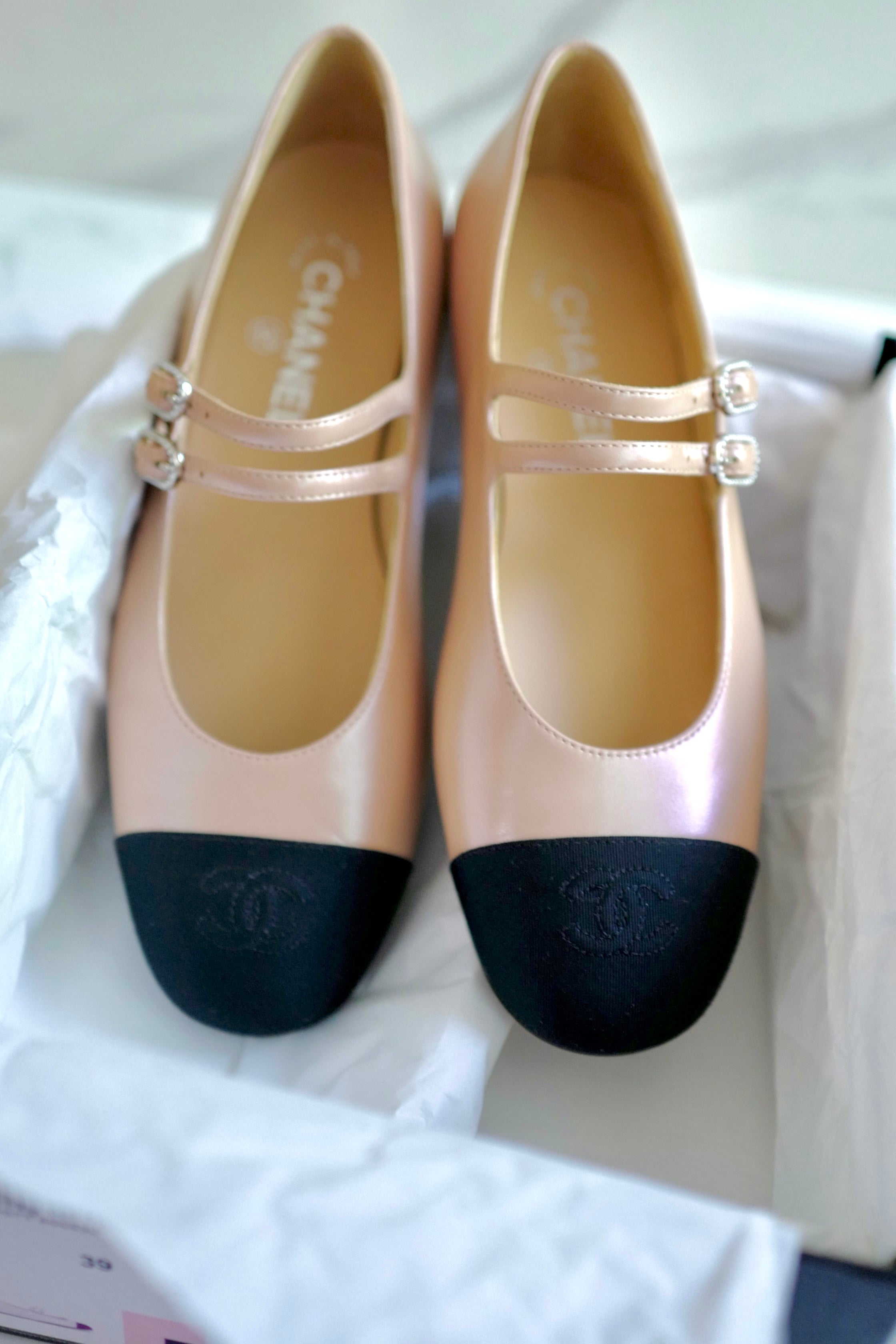 Chanel Lambskin Leather Mary Janes Flats Beige & Black With Straps Size 39